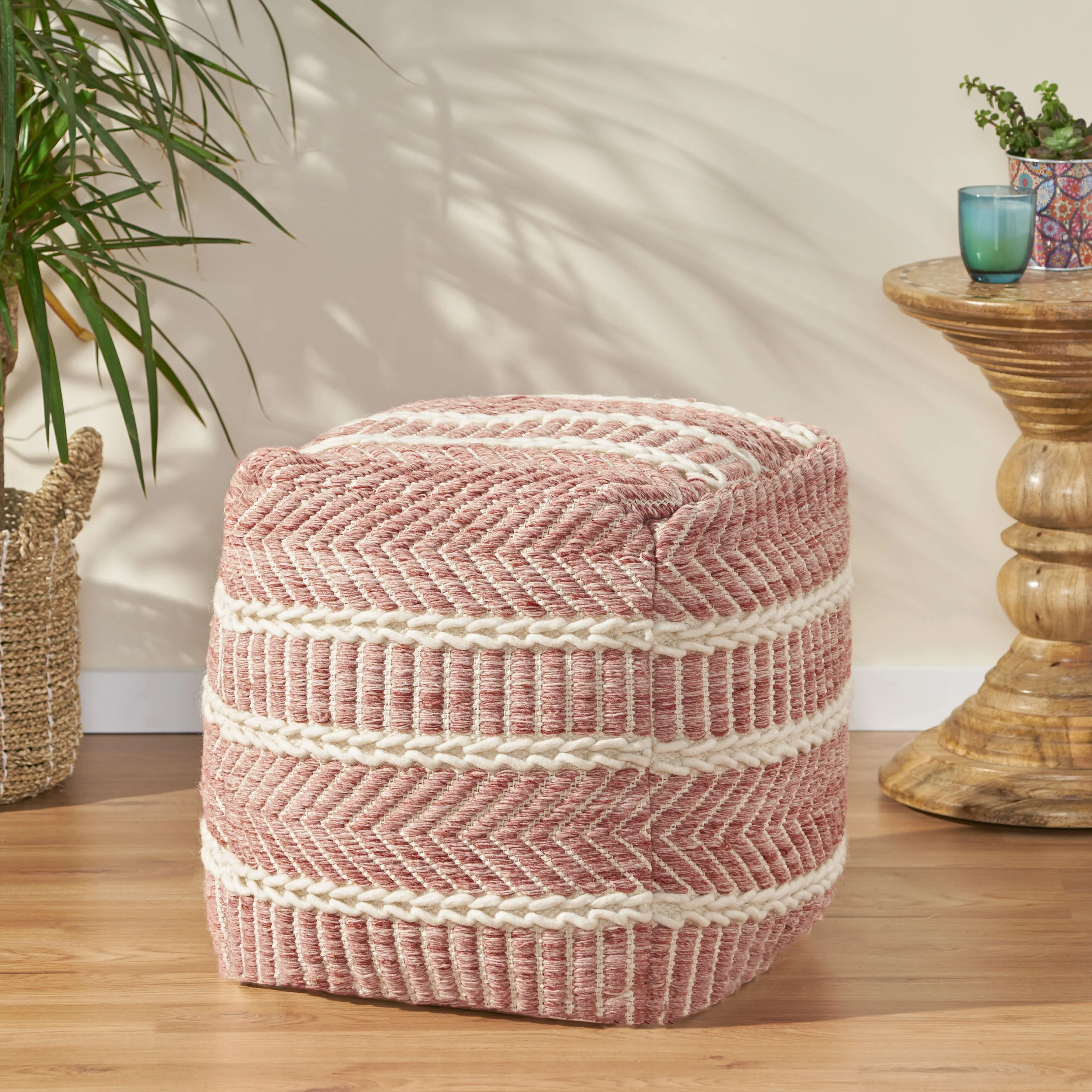 Alexandros Boho Hand Woven Boho Fabric Cube Pouf - furnishings