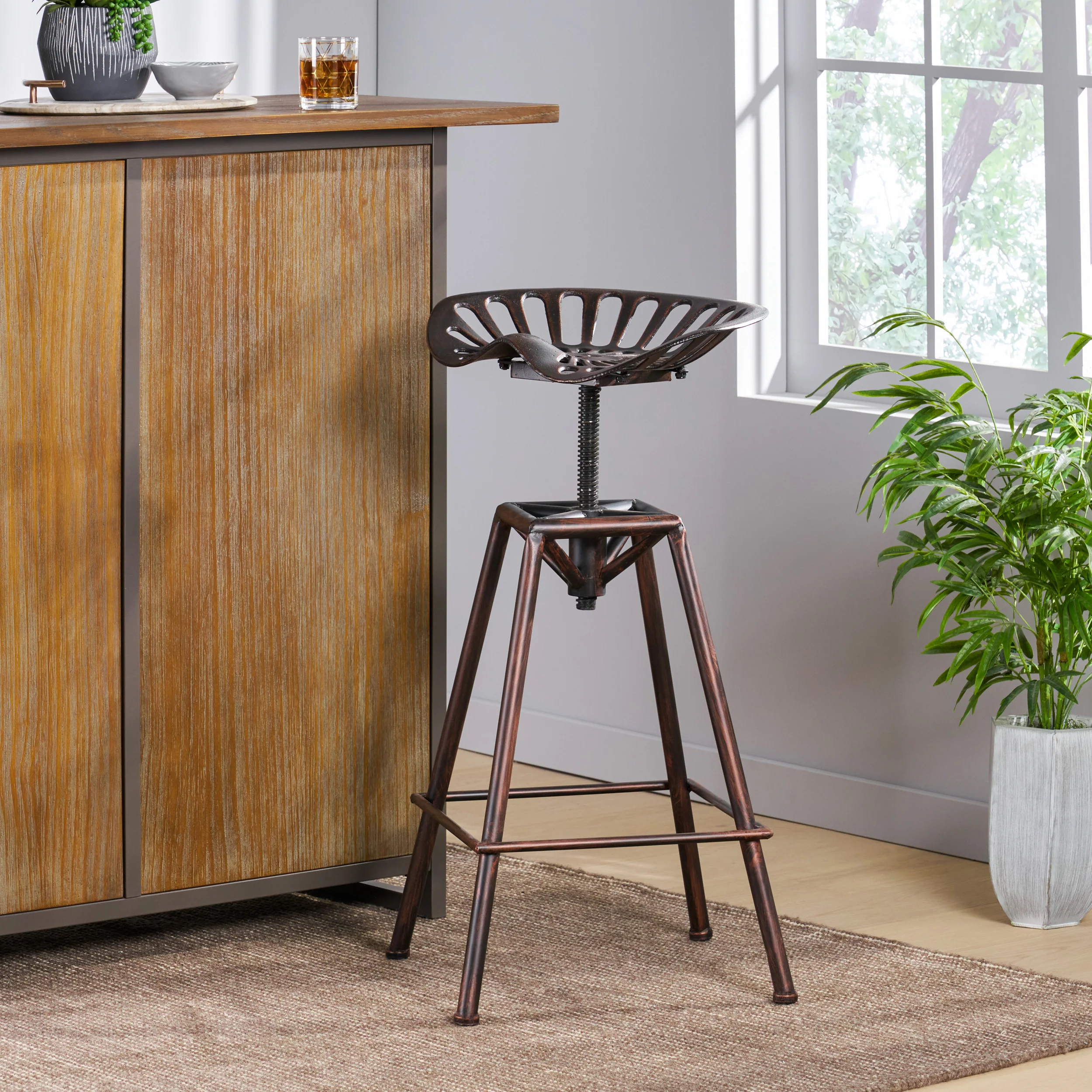 Charlie Industrial Metal Design Tractor Seat Adjustable Bar Stool (Black Brushed Copper) - furnishings