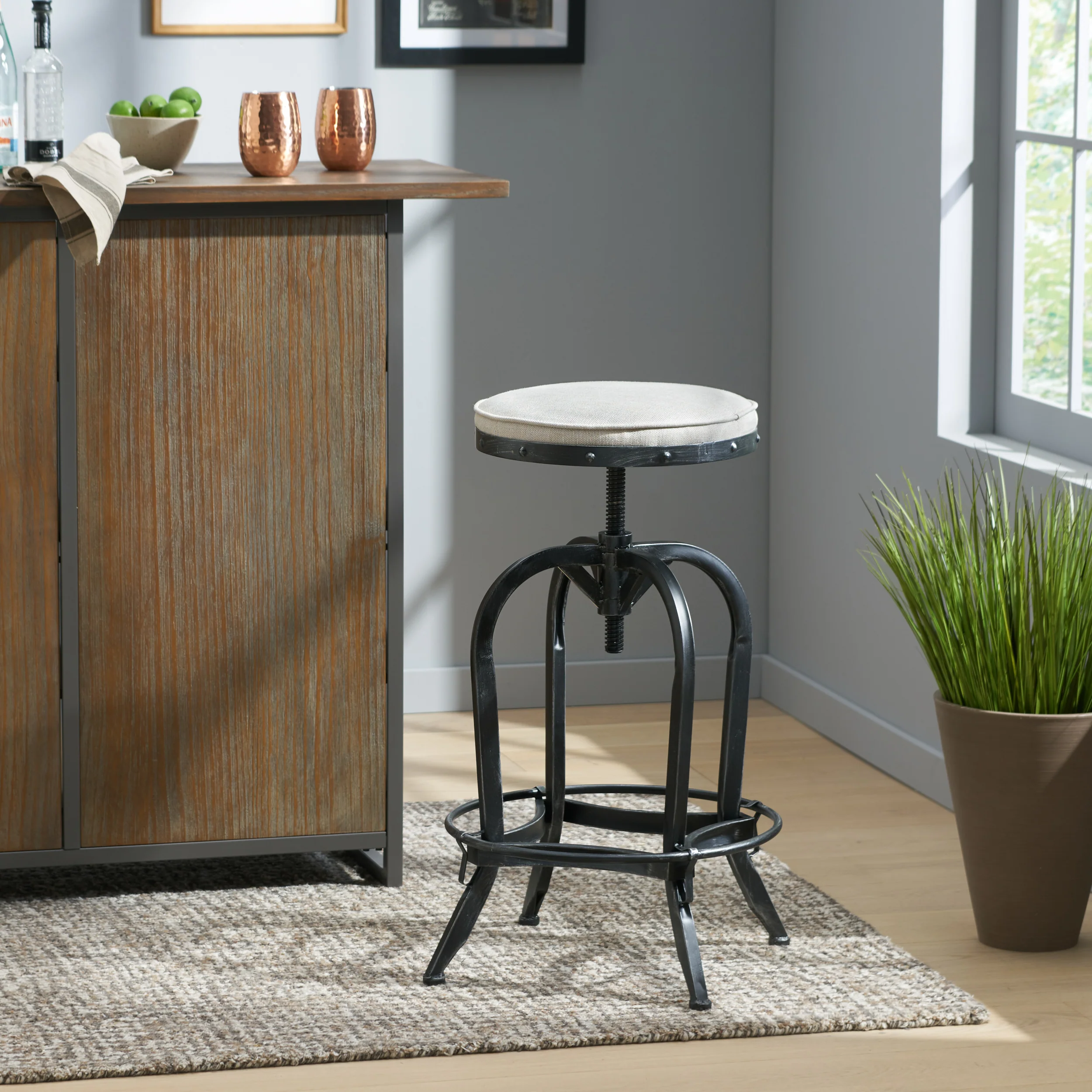 Brixton Industrial Design Adjustable Swivel Iron Bar Stool in Beige Linen - furnishings