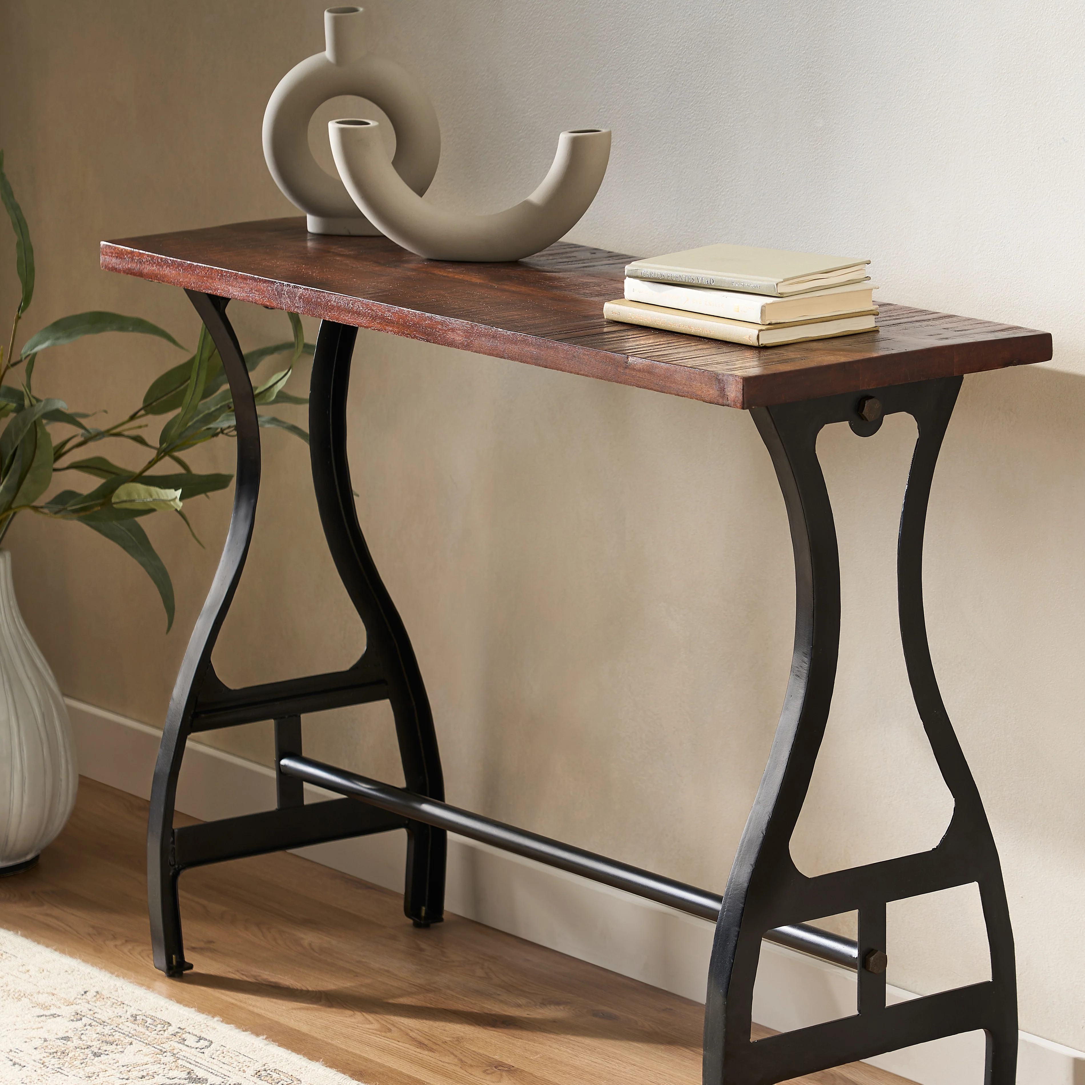Jolson Modern Industrial Handmade Acacia Wood Console Table, Dark Brown and Black - furnishings