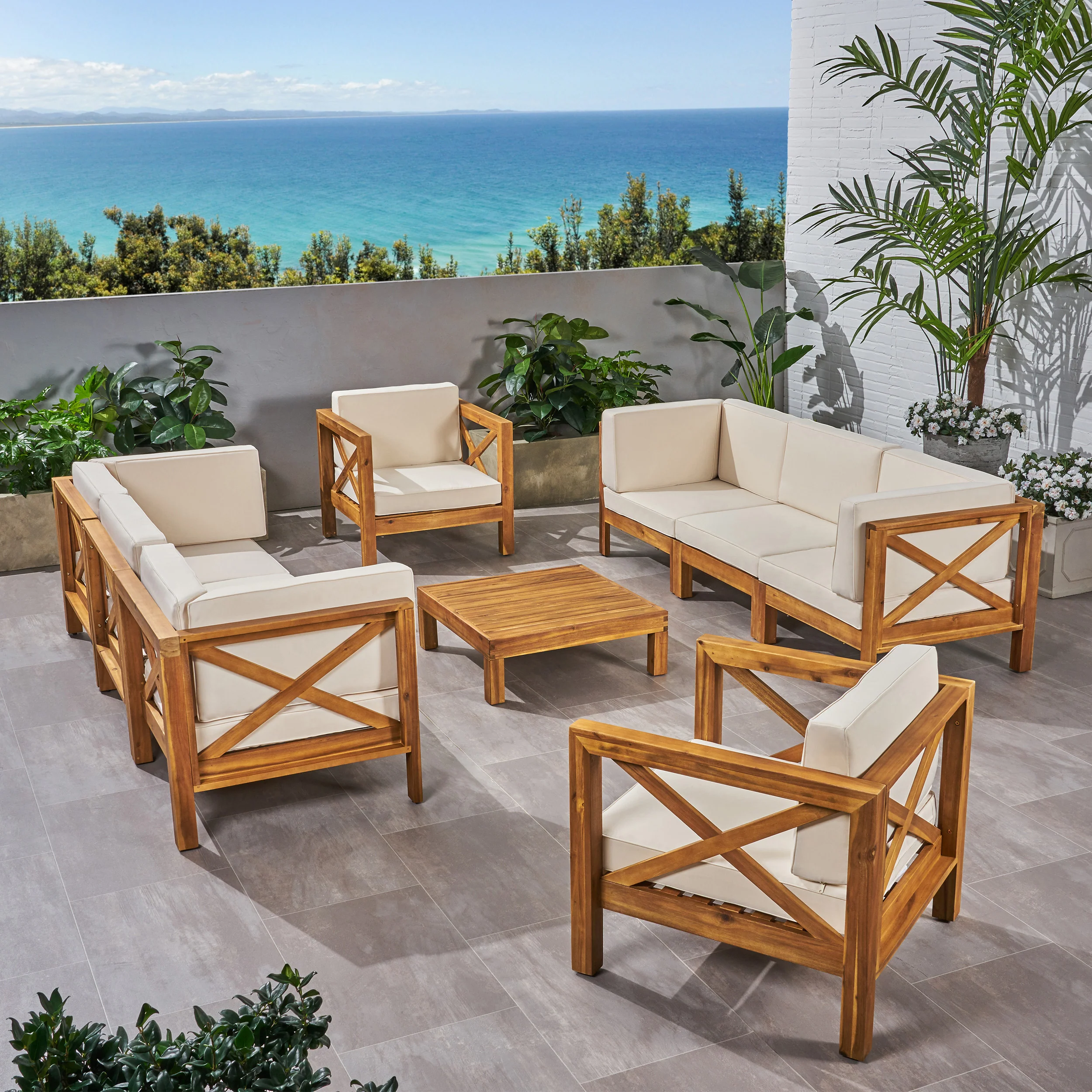 Morgan Outdoor 8 Seater Acacia Wood Sofa and Club Chair Set - furnishings