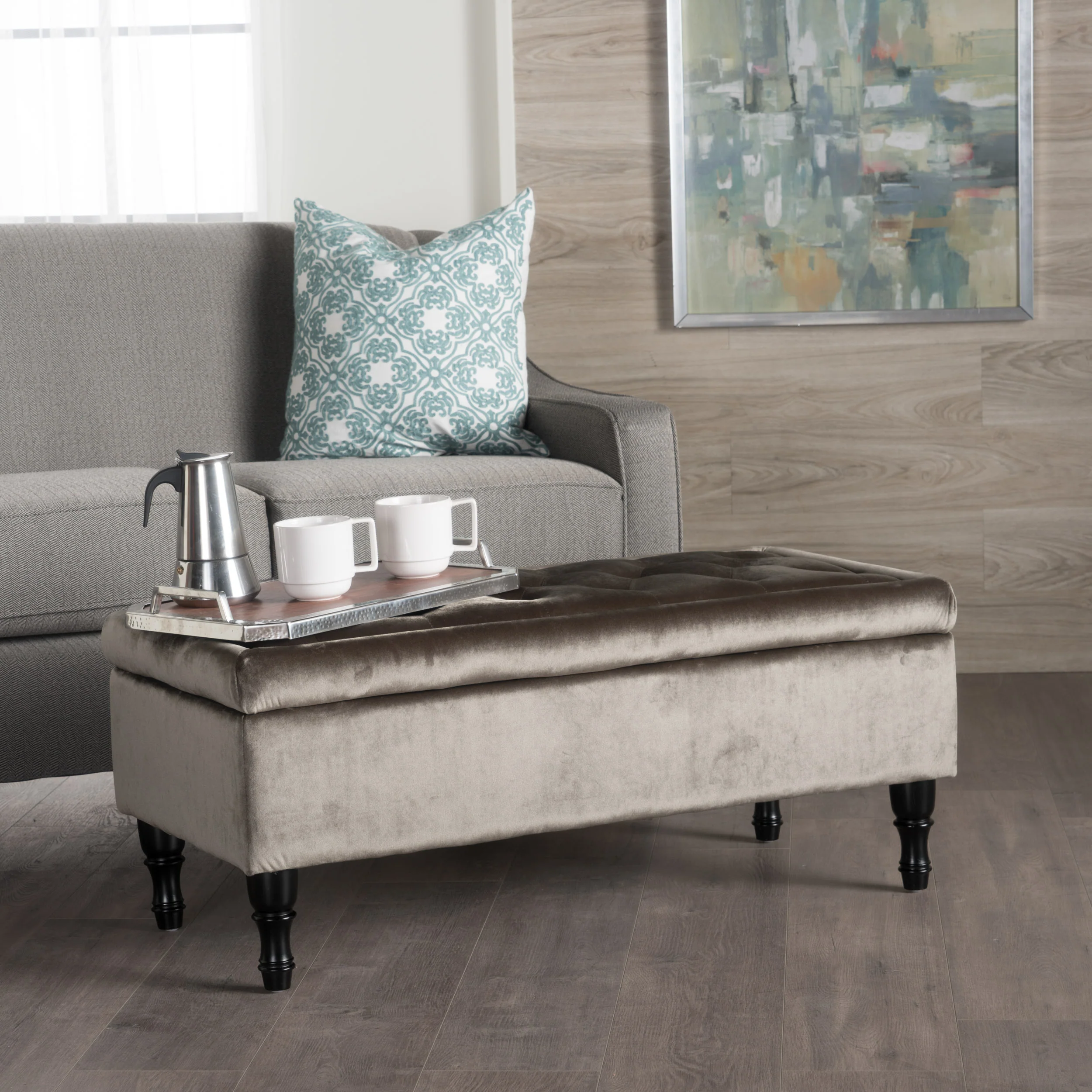 Constance Button Tufted Fabric Rectangle Storage Ottoman Bench w/ Turned Legs - furnishings