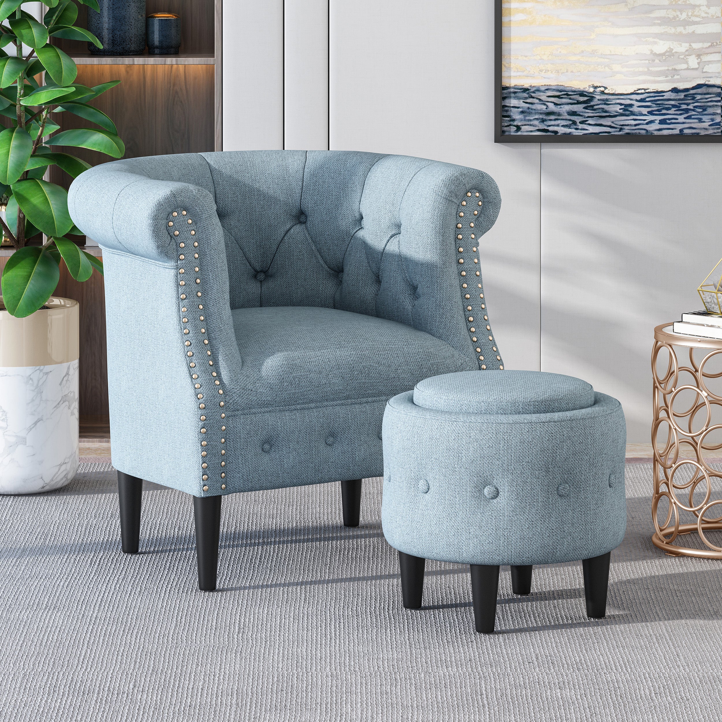 Atticus Chesterfield Style Tufted Fabric Accent Chair and Ottoman Set - furnishings