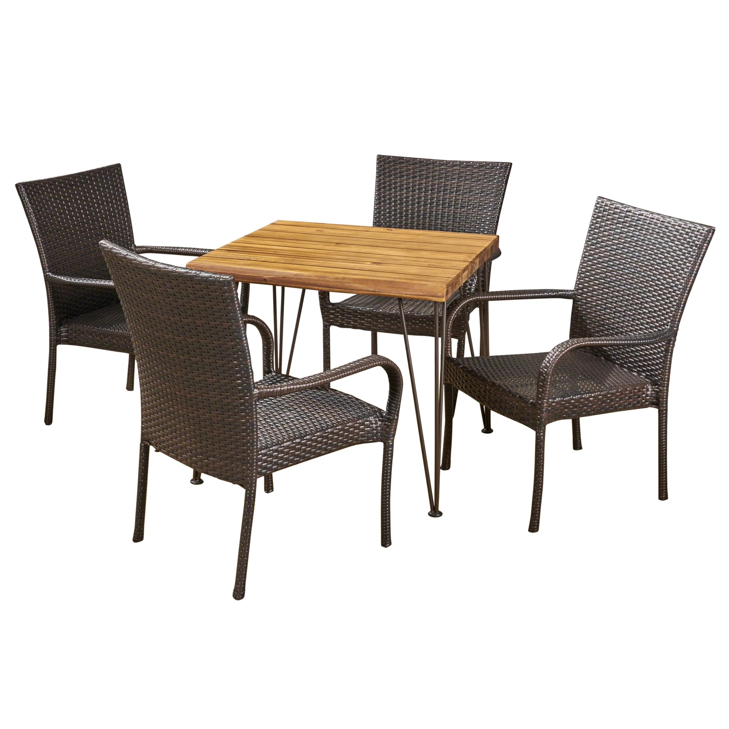 Rhys Outdoor Farmhouse Wood and Wicker 5 Piece Square Dining Set - furnishings