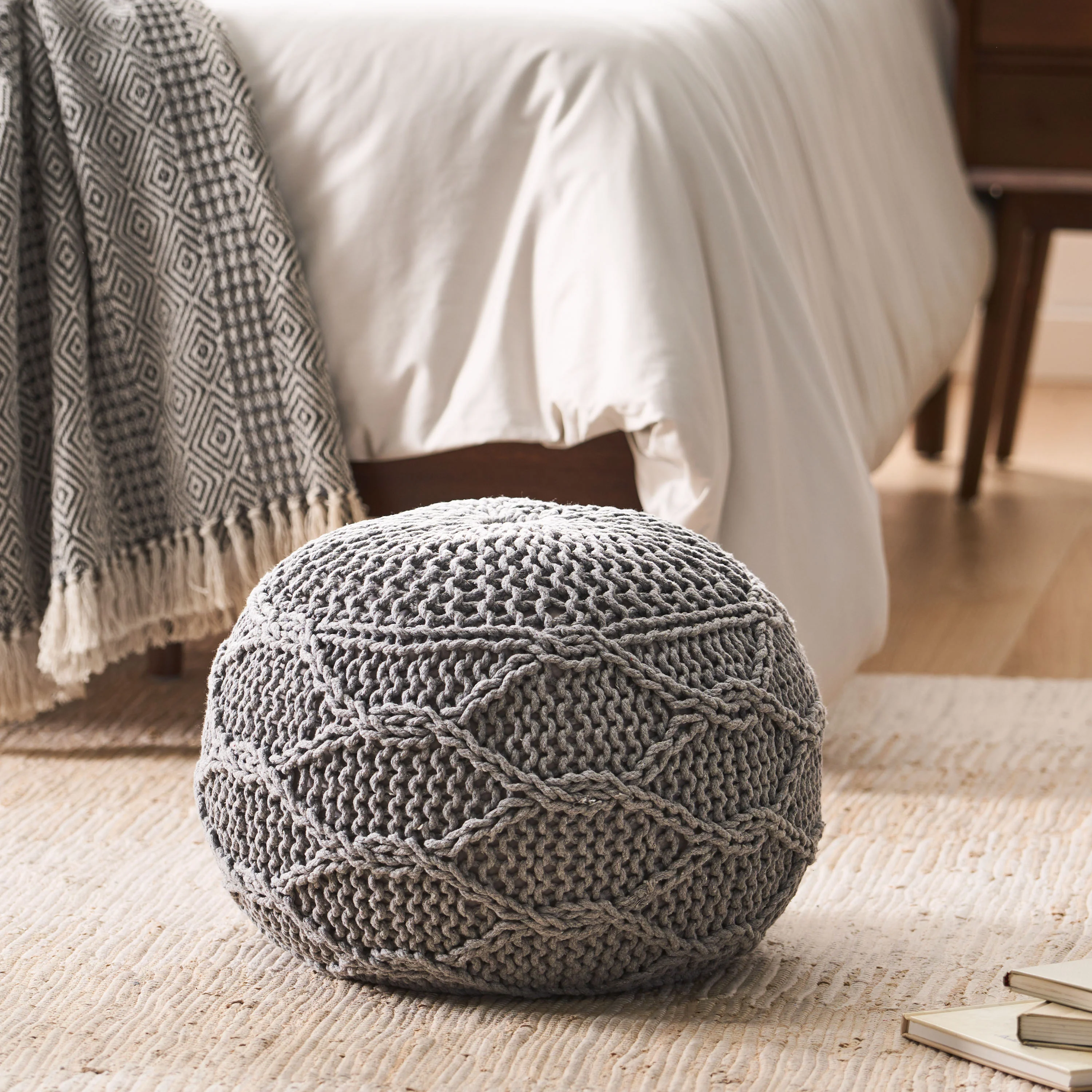 Woodbine Modern Knitted Cotton Round Pouf - furnishings