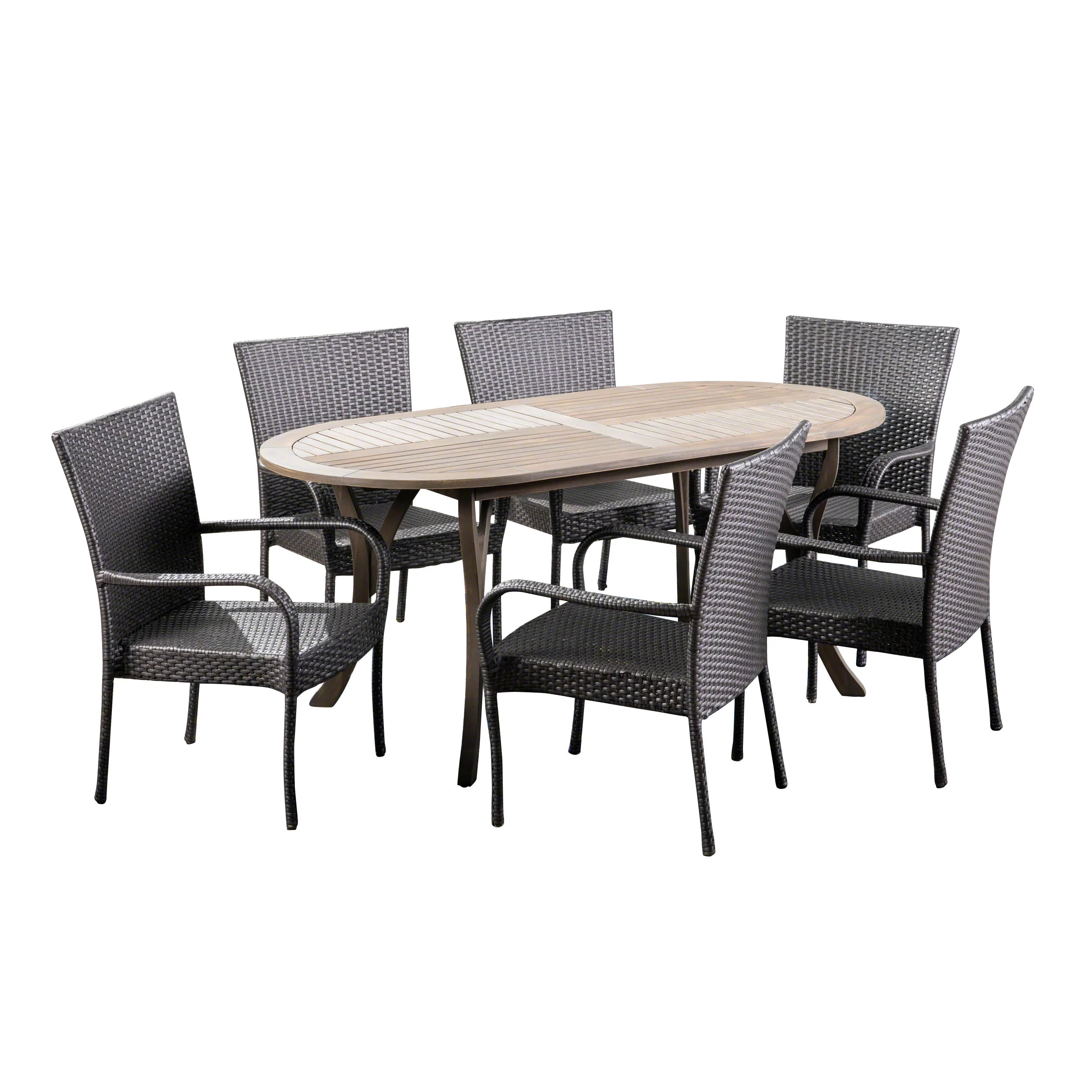 Ford Outdoor 7 Piece Wood and Wicker Dining Set, Gray Finish and Gray - furnishings