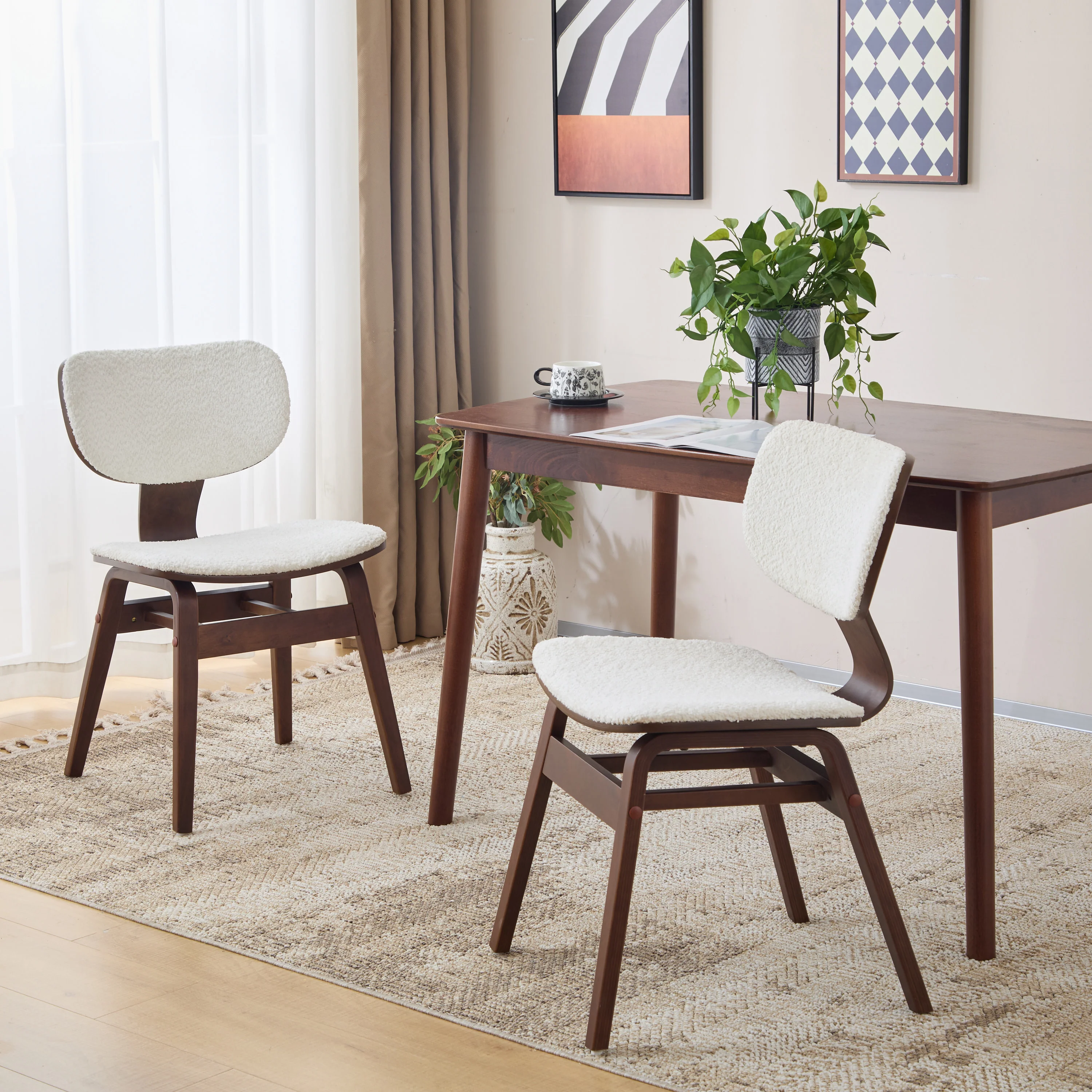Aval Modern Upholstered Boucle Side Chair, White + Walnut - furnishings