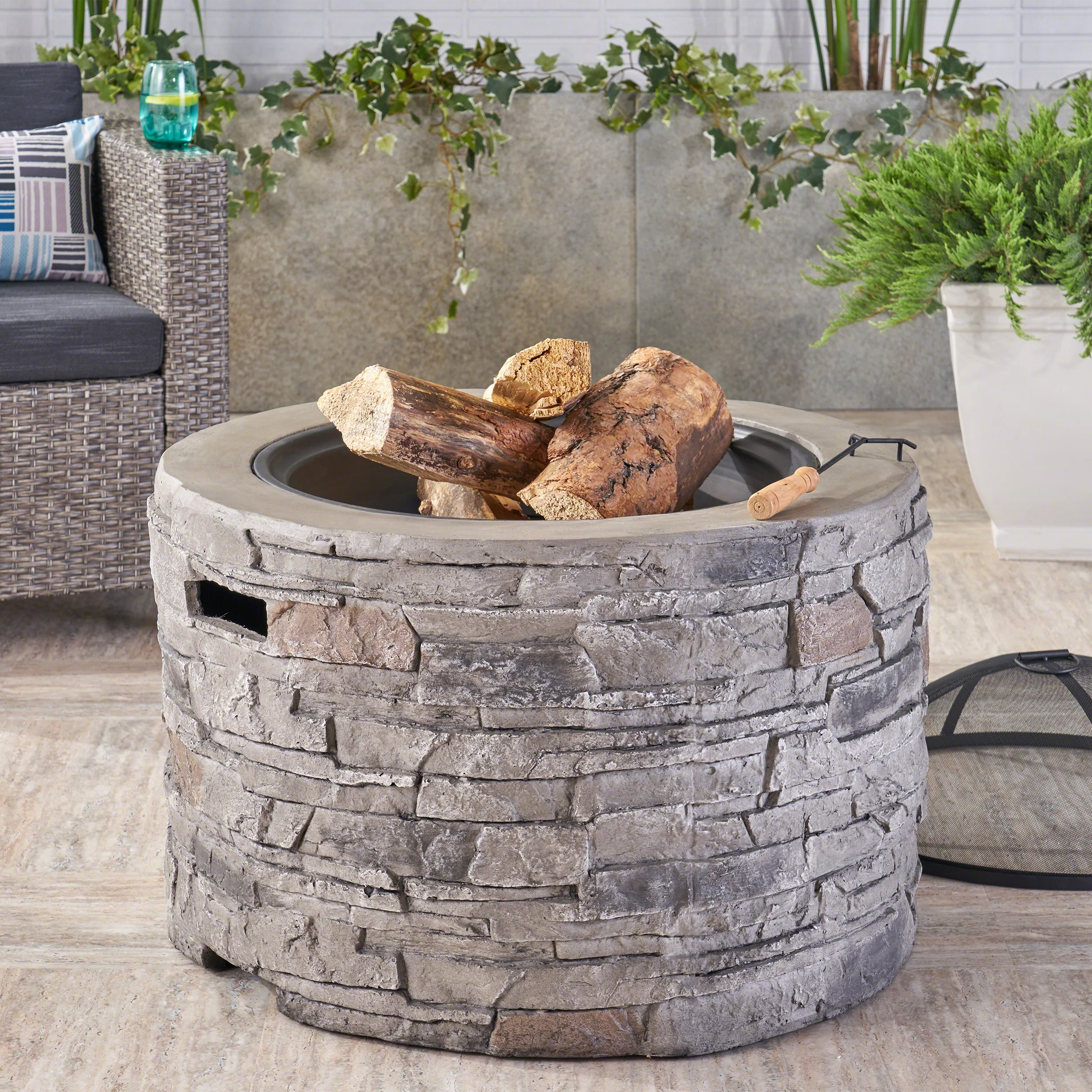 Dione Outdoor 32-inch Wood Burning Light-Weight Concrete Round Fire Pit, Grey - furnishings
