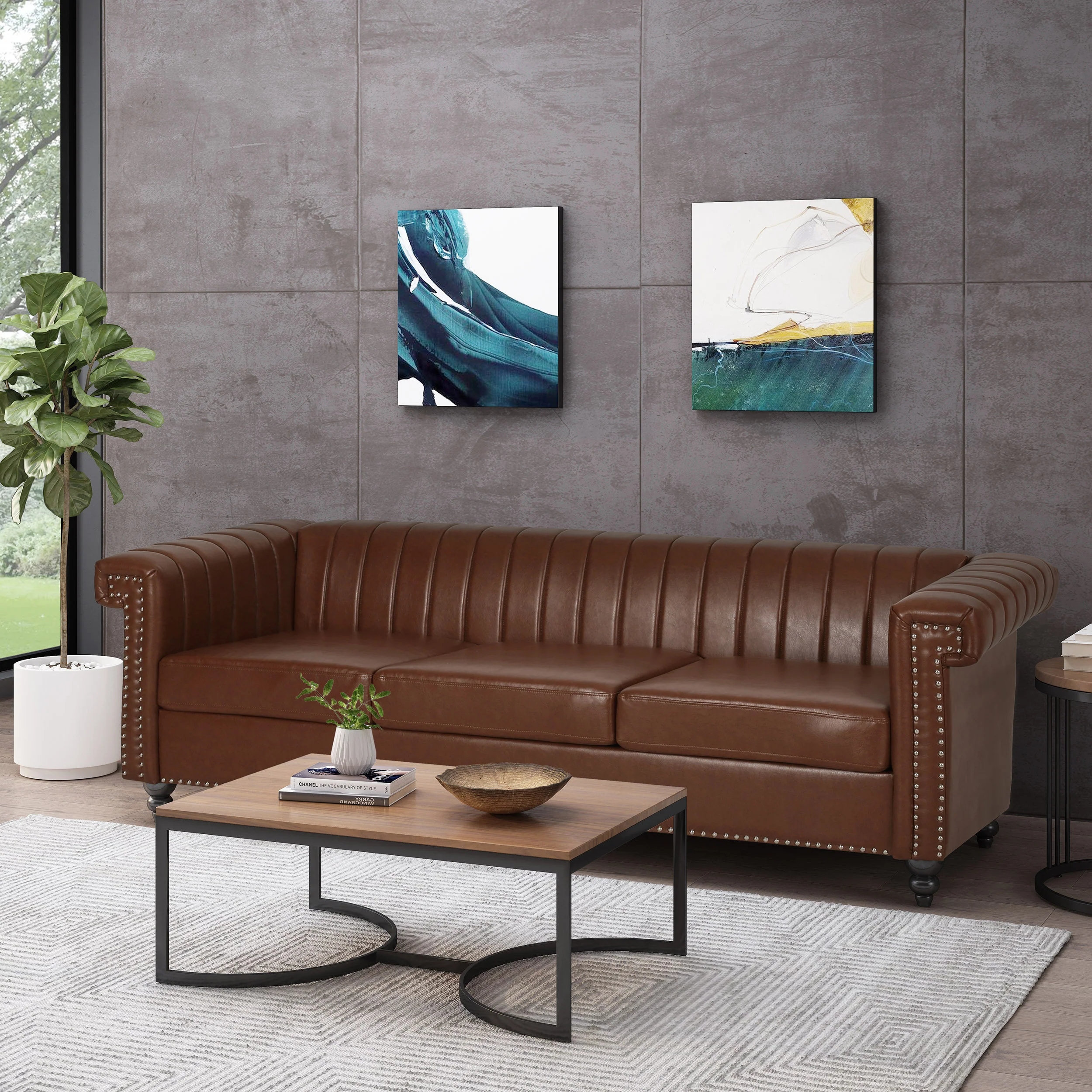 Donley Contemporary Channel Stitch 3 Seater Sofa with Nailhead Trim - furnishings