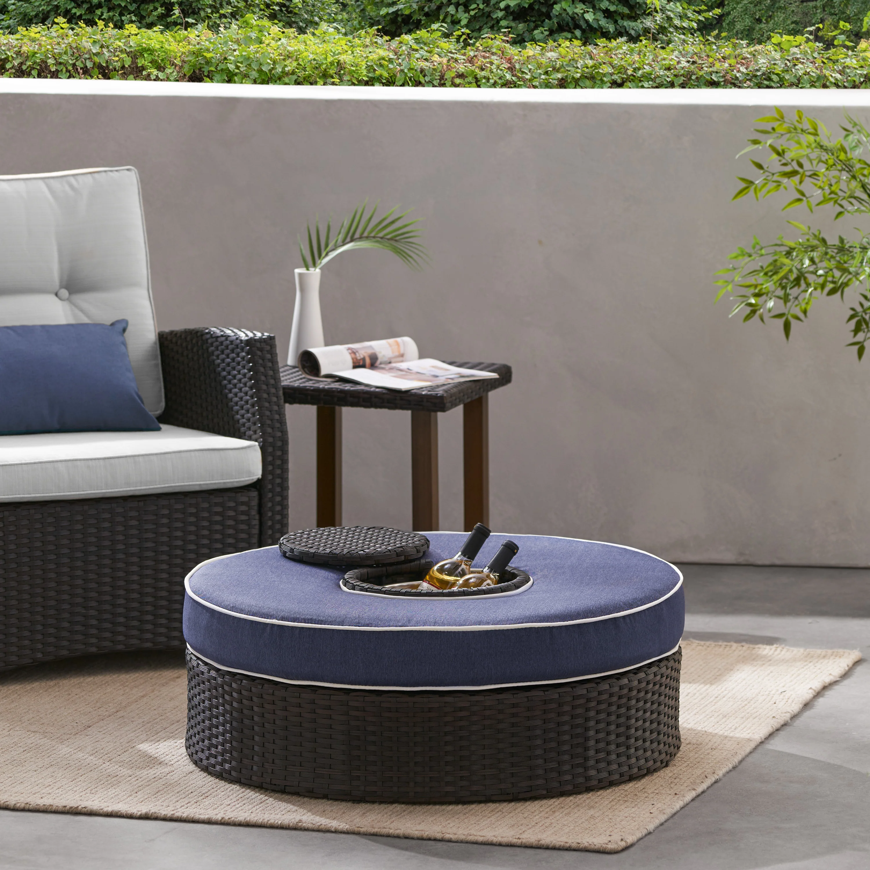Boden Outdoor Wicker Ottoman with Ice Bucket - furnishings