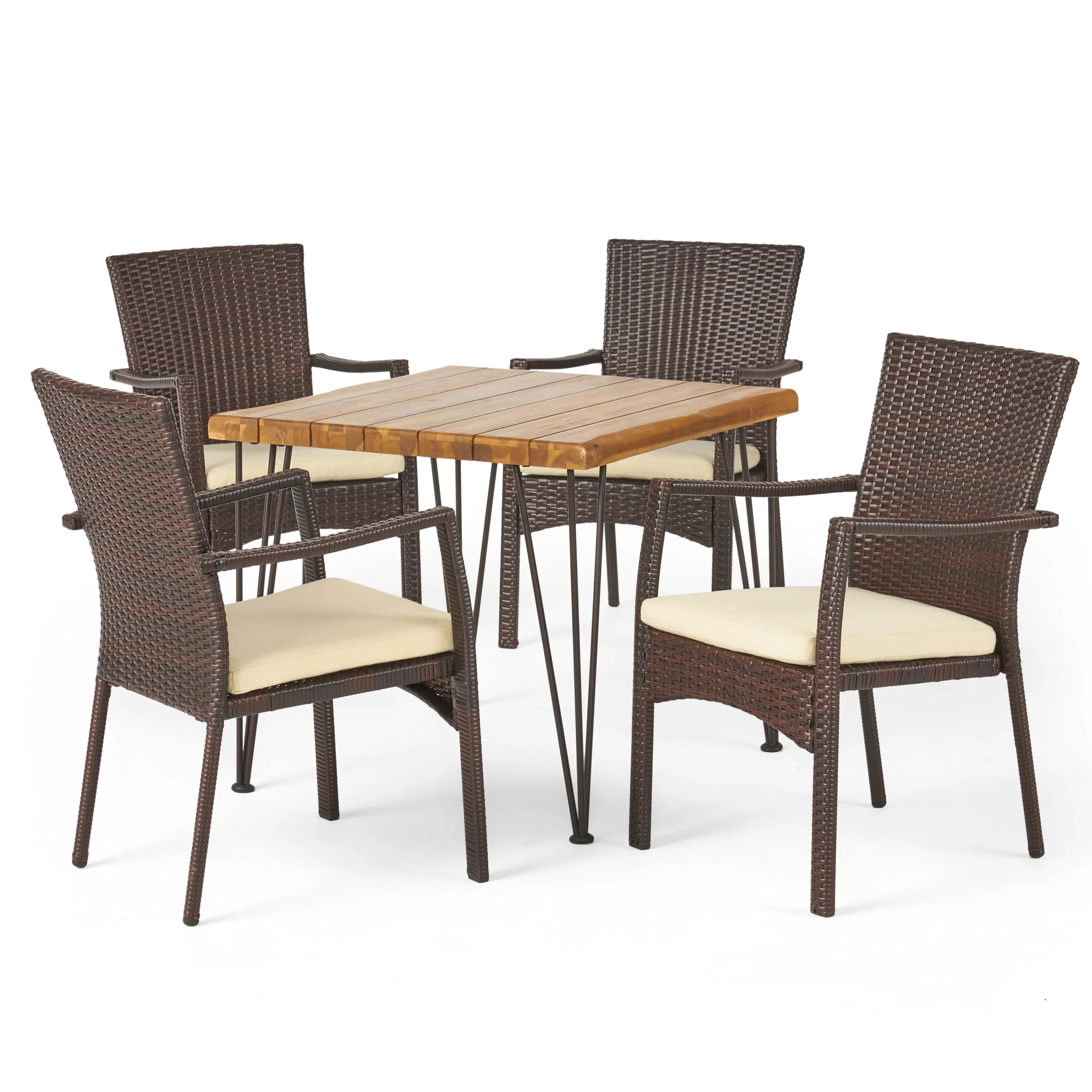 Archie Outdoor Industrial Wood and Wicker 5 Piece Square Dining Set, Teak and Brown and Cr¡§¡§me - furnishings