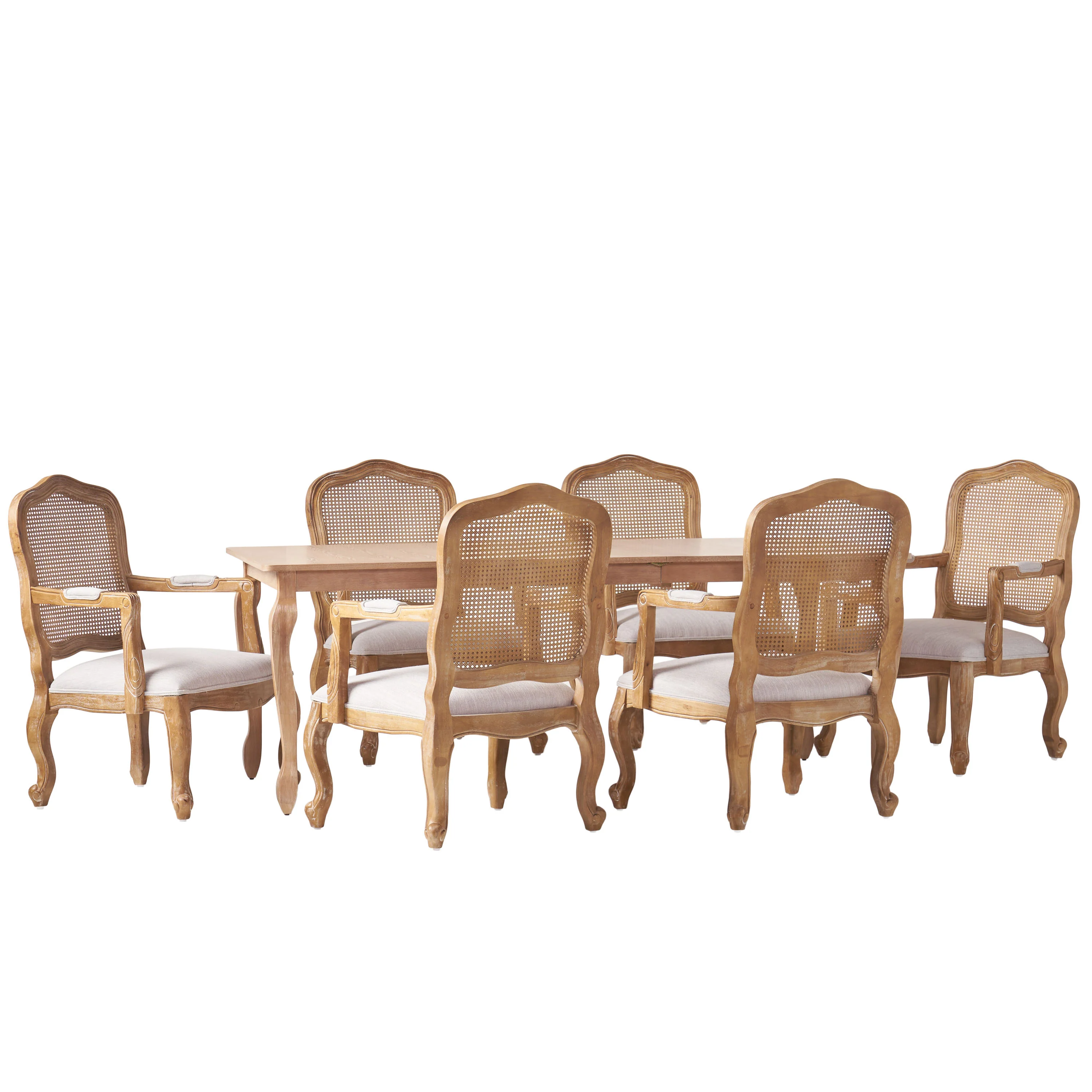 Bonview French Country Fabric Upholstered Wood and Cane Expandable 7 Piece Dining Set - furnishings