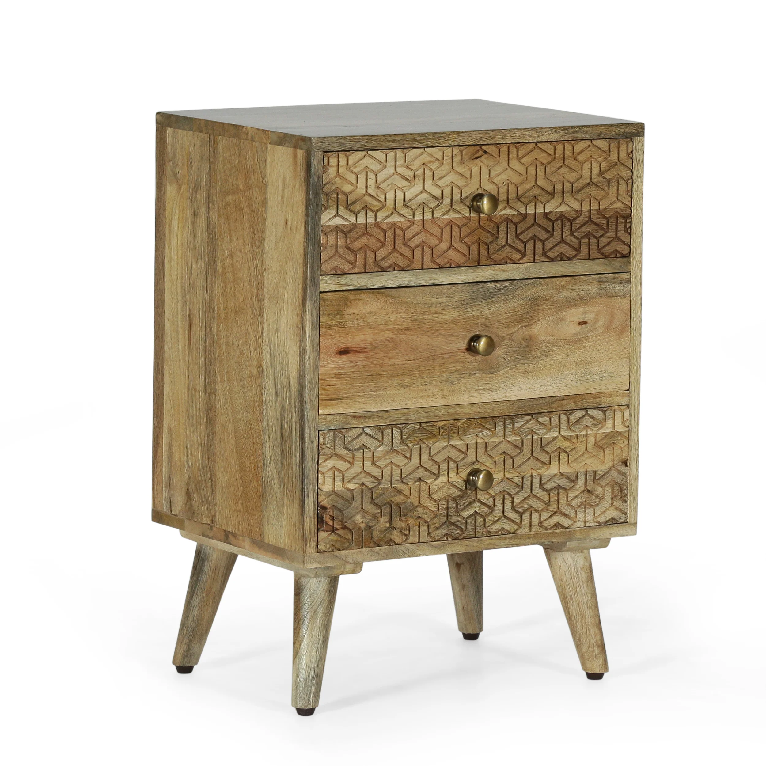 Stowe Boho Handcrafted Mango Wood 3 Drawer Nightstand, Natural - furnishings