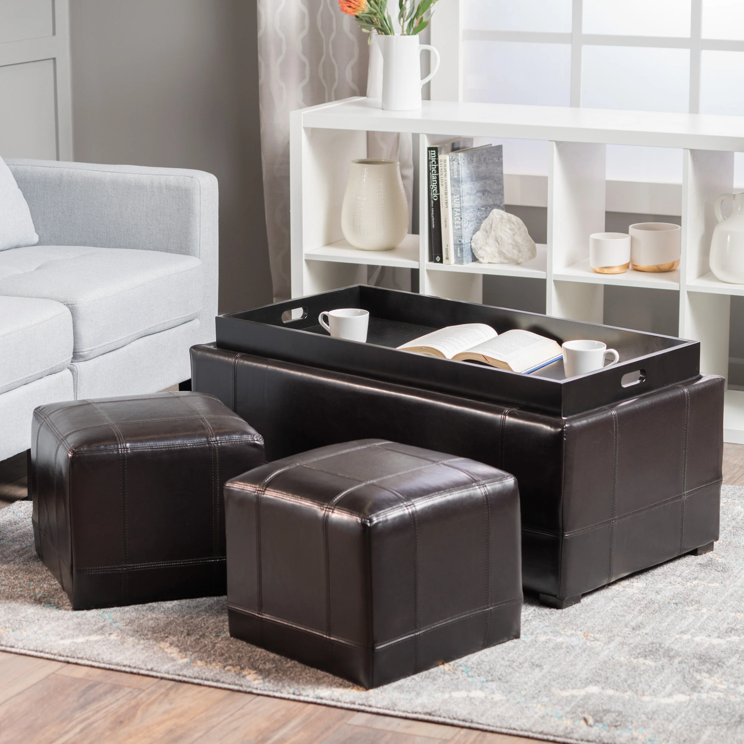 Five Brooks Espresso Brown Leather Ottoman Set (Set of 3) - furnishings