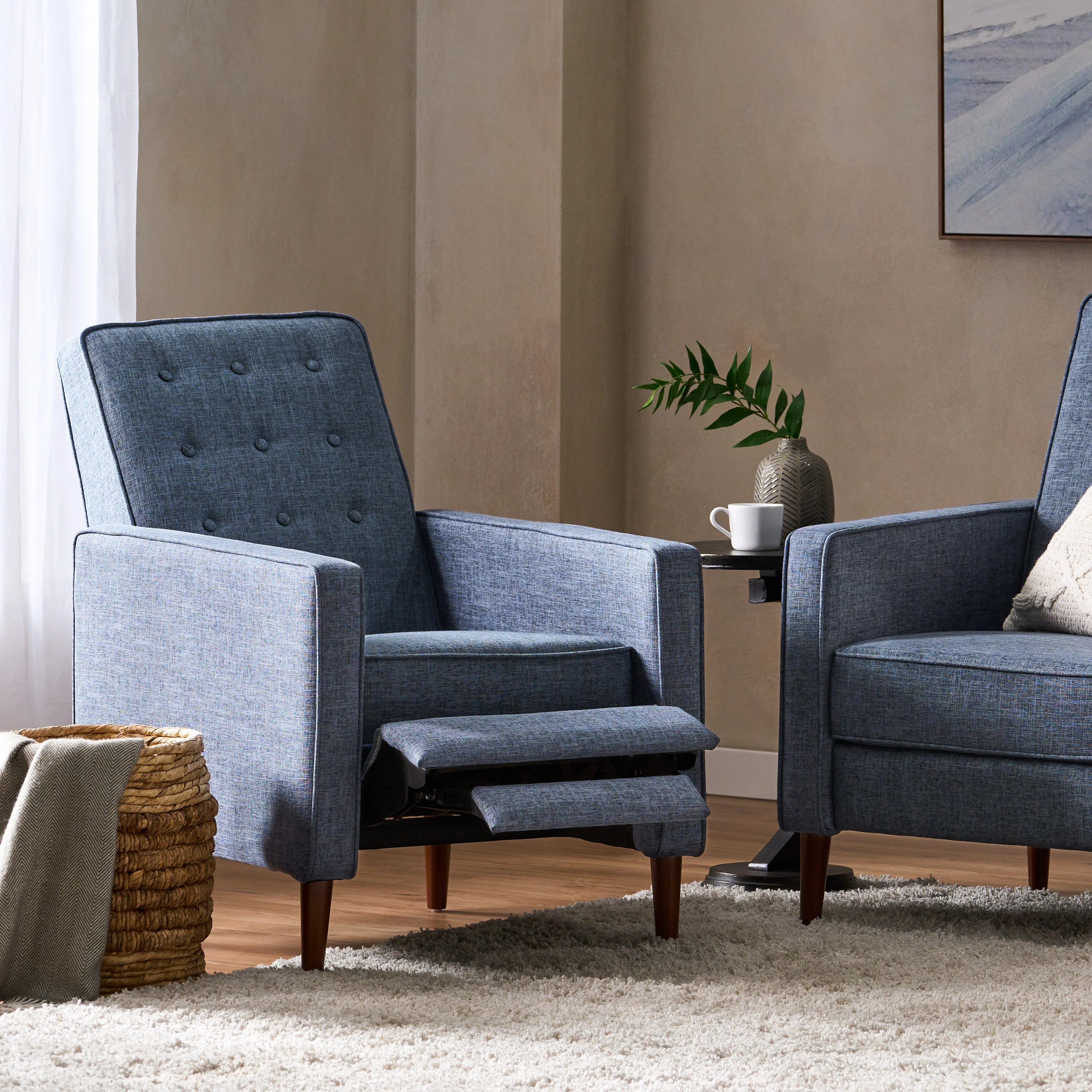 Macedonia Mid Century Modern Tufted Back Fabric Recliner - furnishings