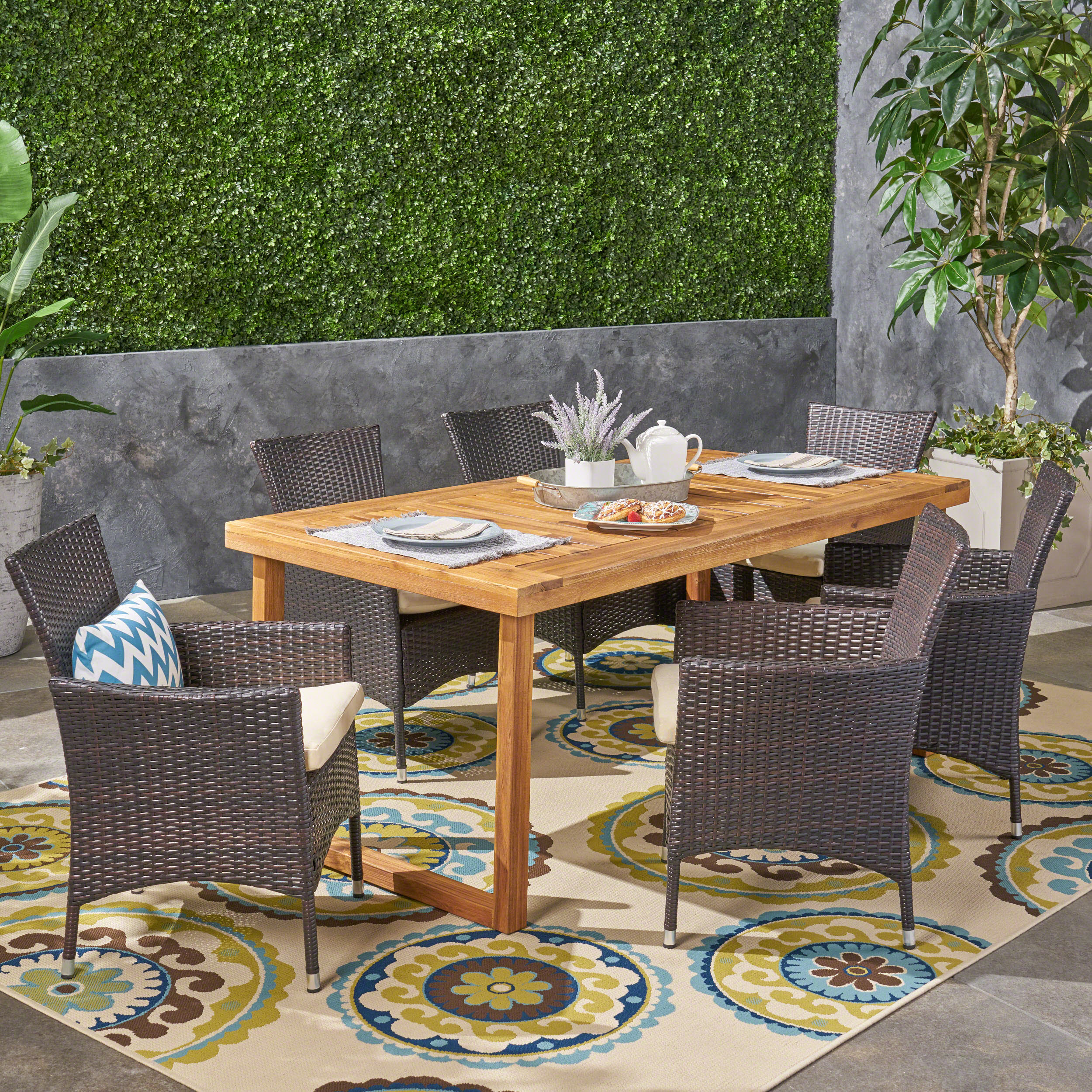 Fraser Outdoor 6-Seater Acacia Wood Dining Set with Wicker Chairs, Sandblast Natural Finish and Multi Brown and Beige - furnishings