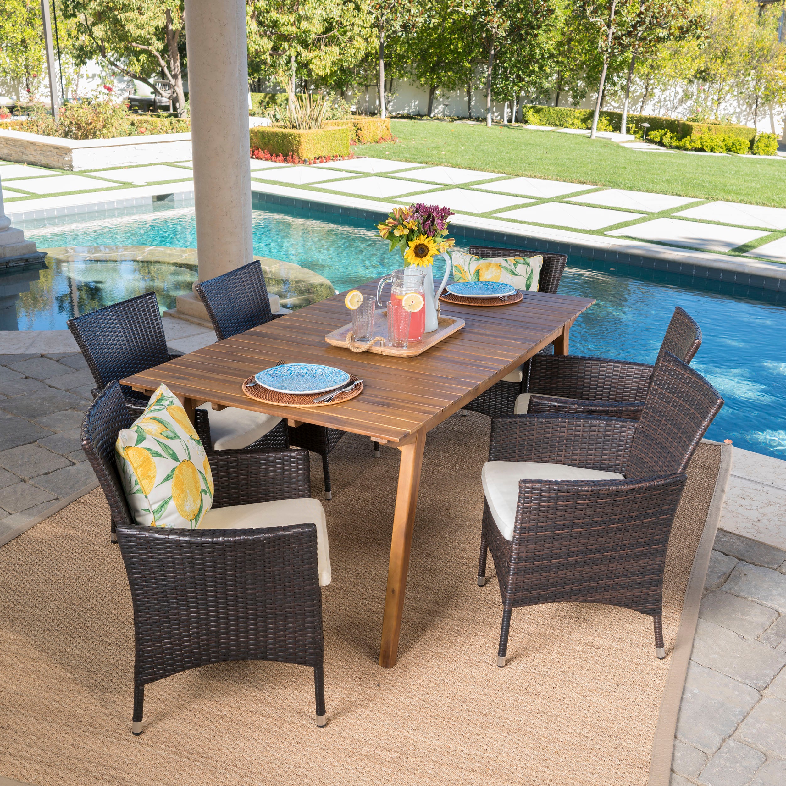 Saiman Outdoor 7 Piece Teak Finished Acacia Wood Rectangular Dining Set - furnishings