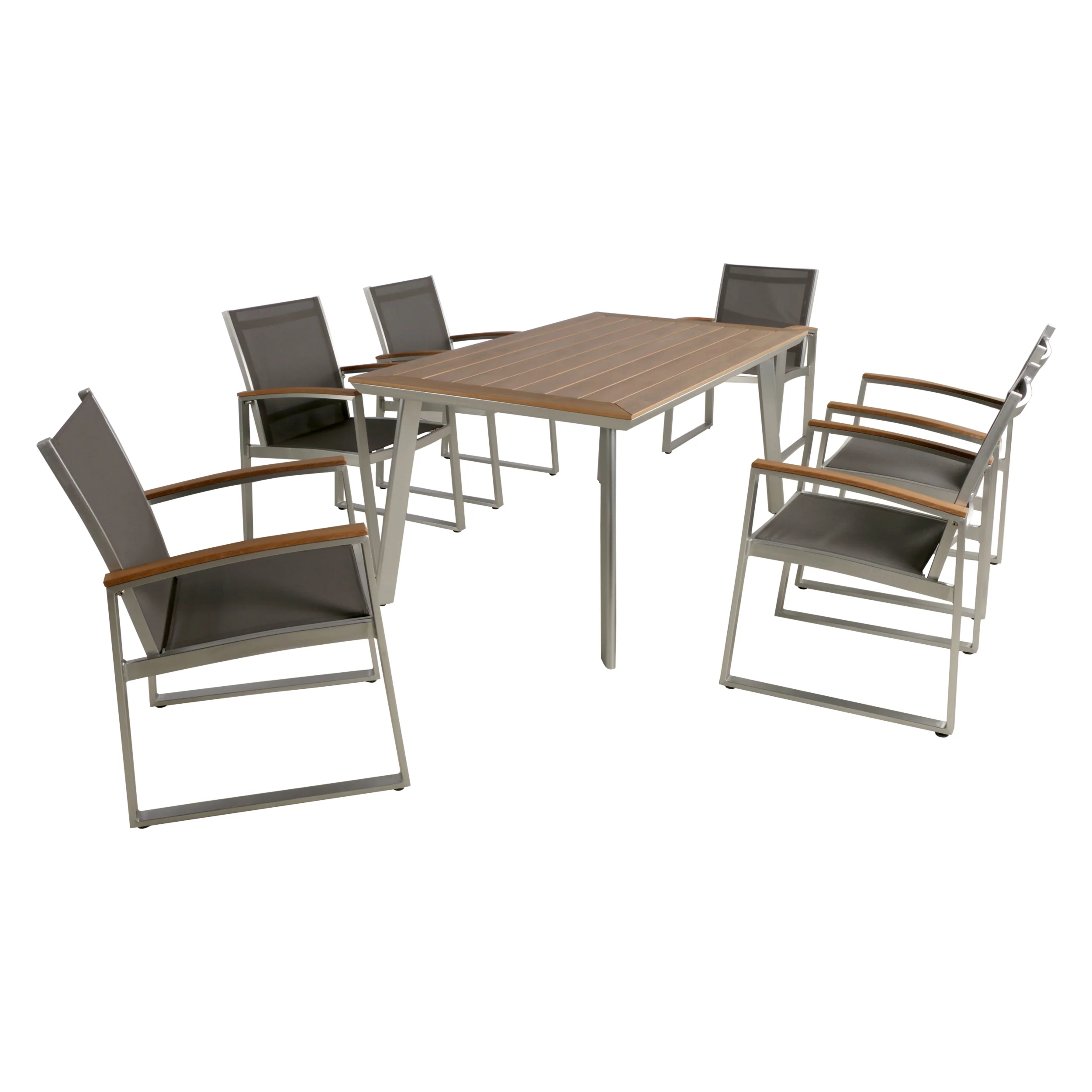 Tabby Outdoor Aluminum 7-Piece Dining Set with Mesh Chairs and Faux Wood Top - furnishings