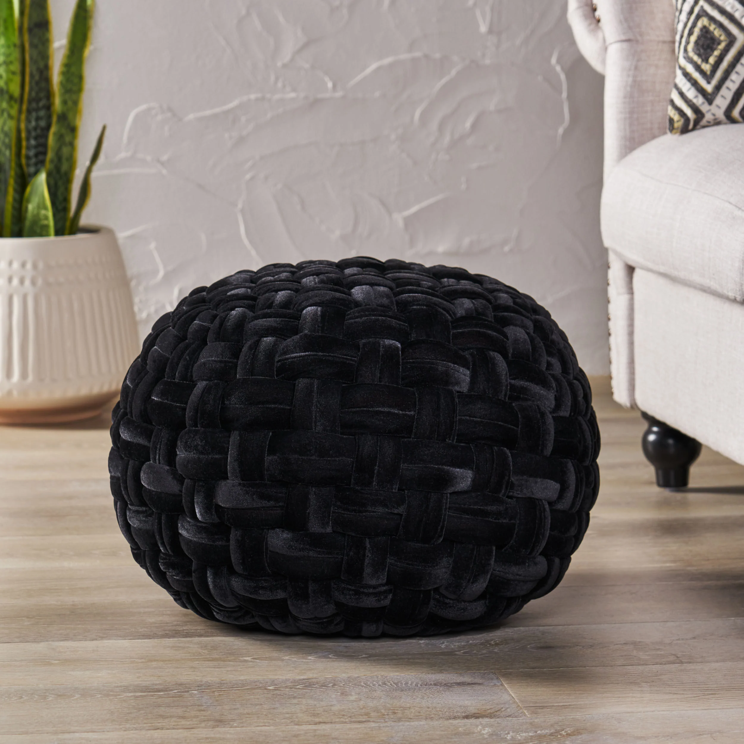 Colerain Modern Glam Handcrafted Cable Weave Velvet Round Pouf - furnishings