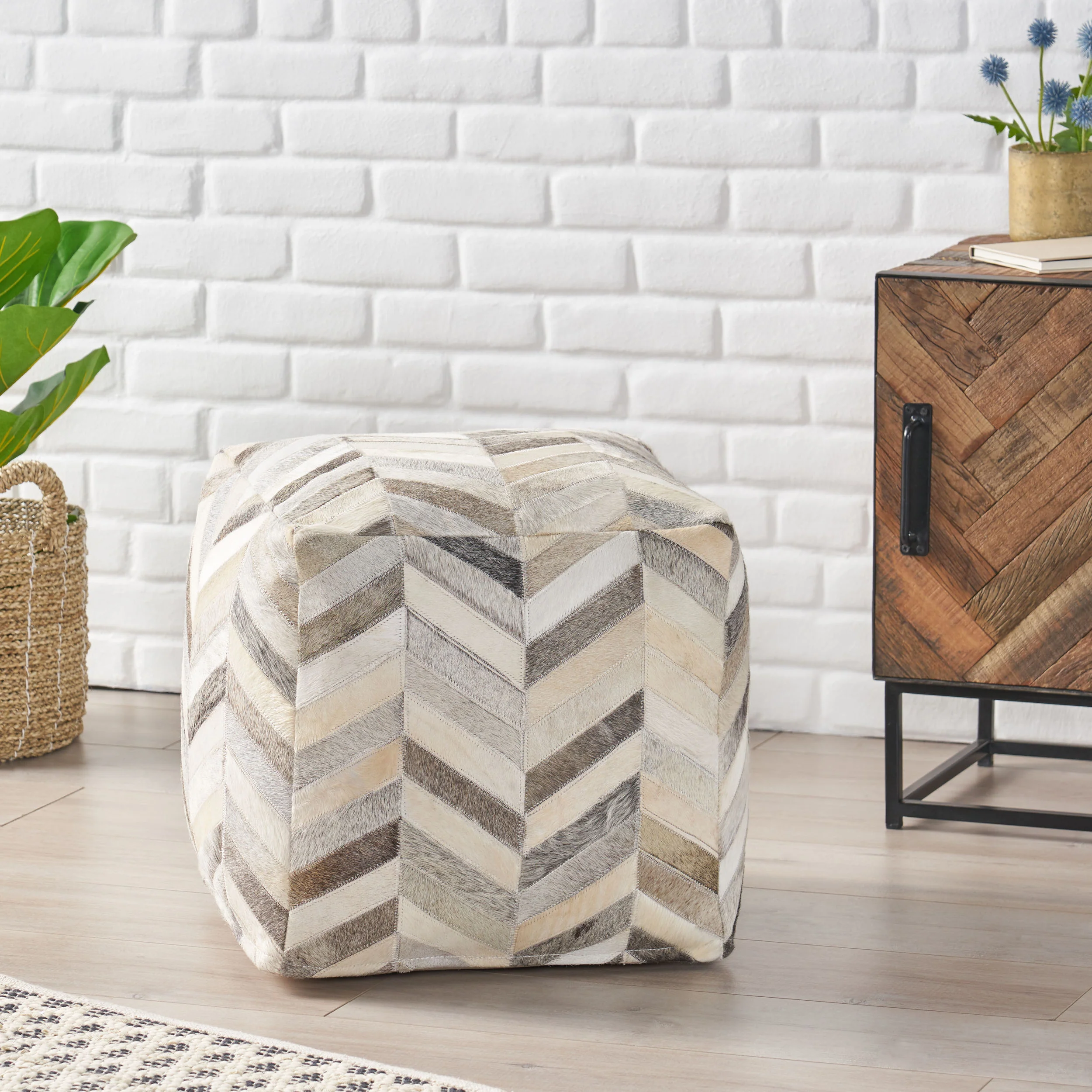 Weikel Handcrafted Boho Cowhide Pouf - furnishings