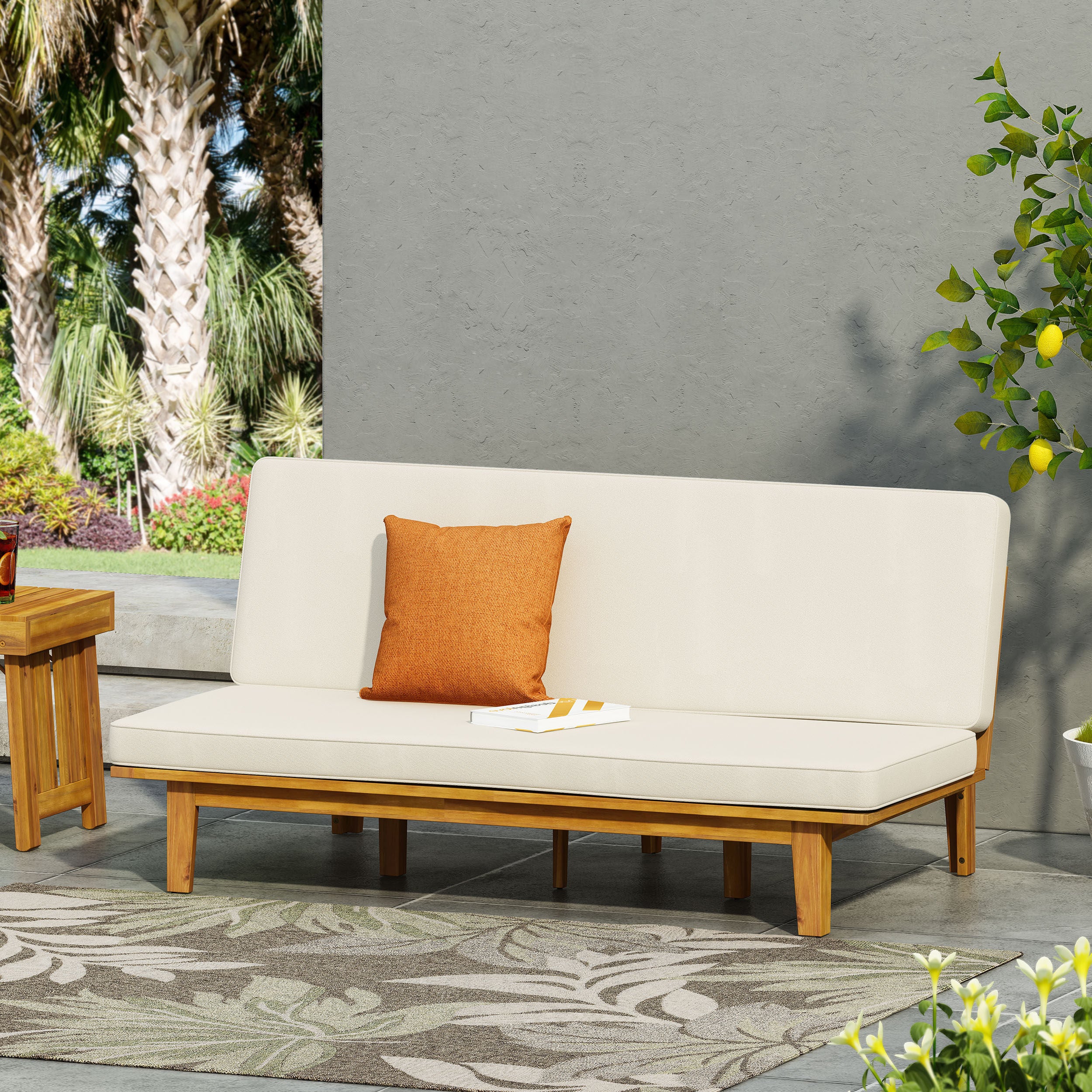 Riebe Outdoor Acacia Wood Convertible Daybed with Cushion - furnishings