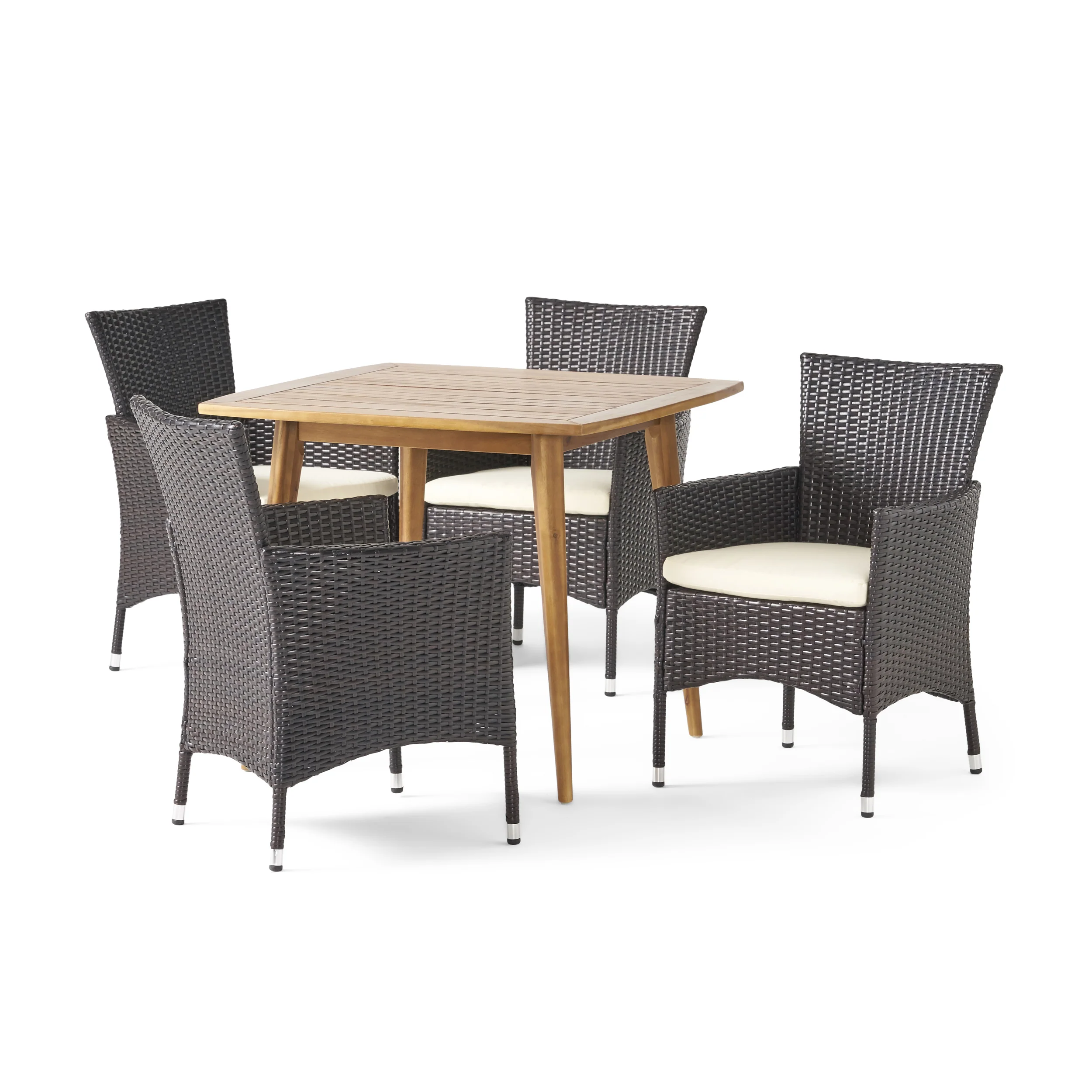 Knox Outdoor 5 Piece Wood and Wicker Dining Set, Teak and Multi Brown - furnishings
