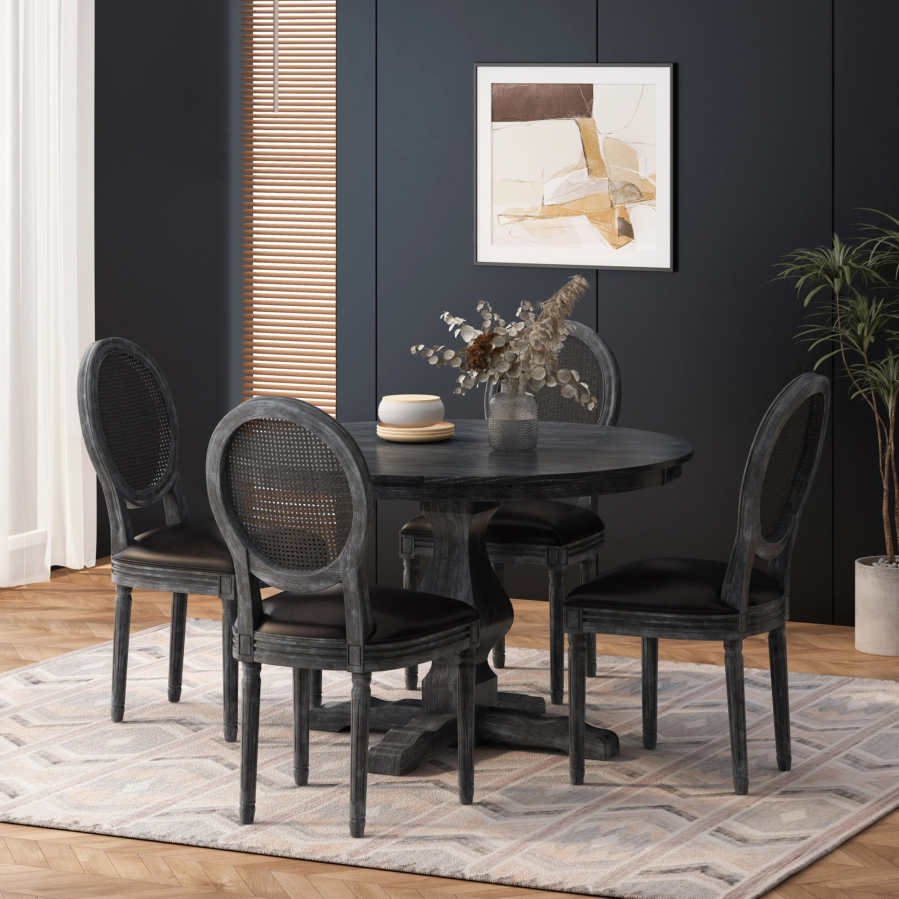 Mores French Country Upholstered Wood and Rattan 5 Piece Circular Dining Set - furnishings