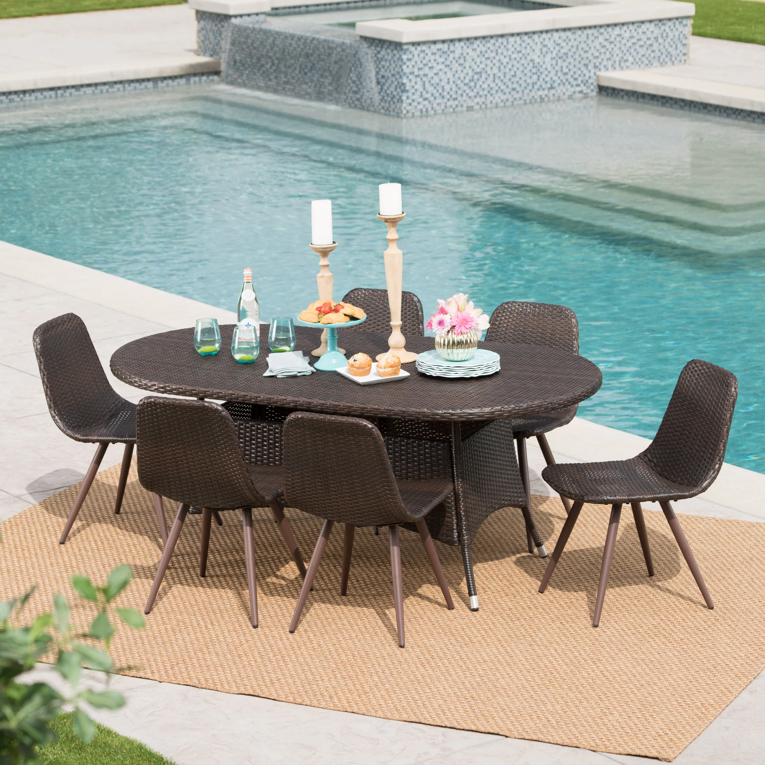 Allens Outdoor 7 Piece Multi-brown Wicker Oval Dining Set - furnishings