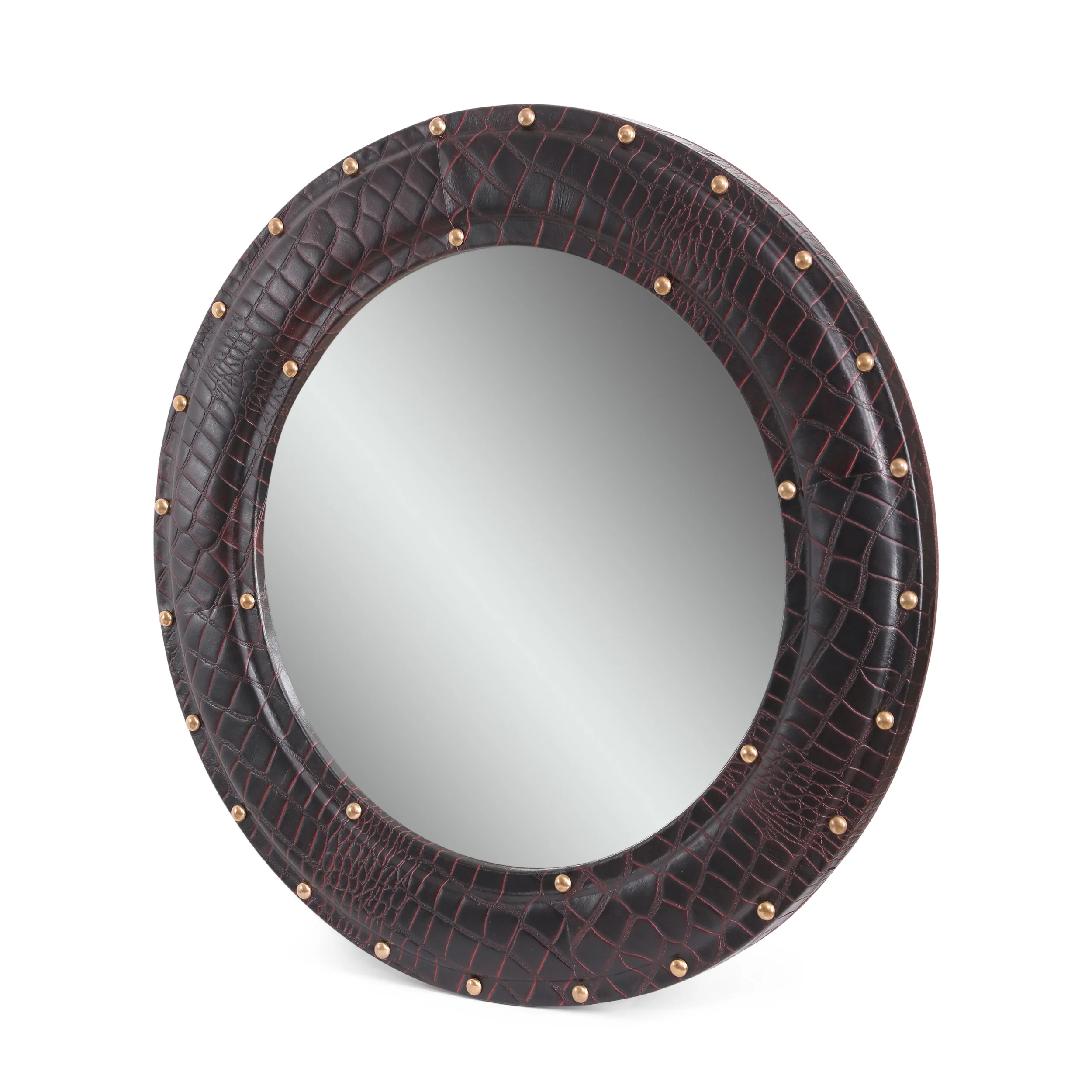 Fieldwood Handcrafted Boho Studded Croco Leather Round Wall Mirror - furnishings