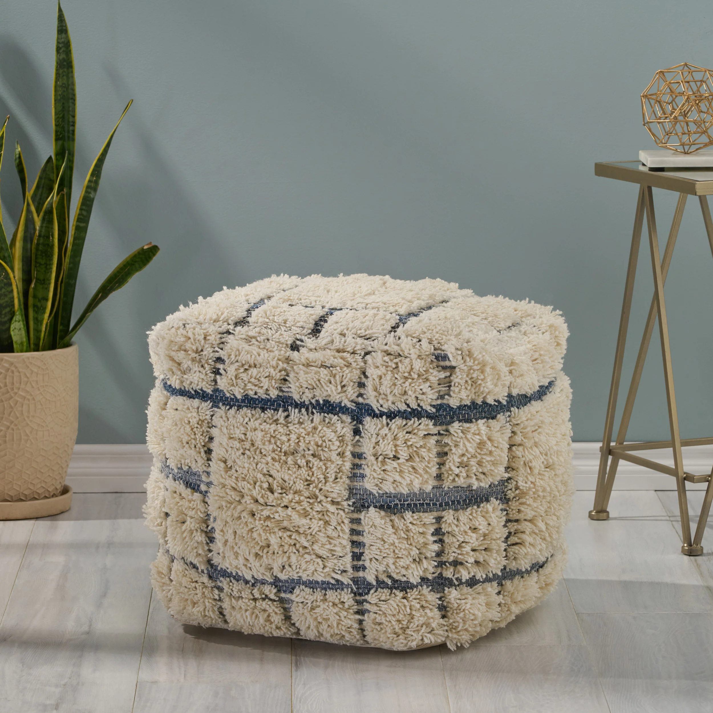 Davionna Boho Wool and Denim Pouf - furnishings