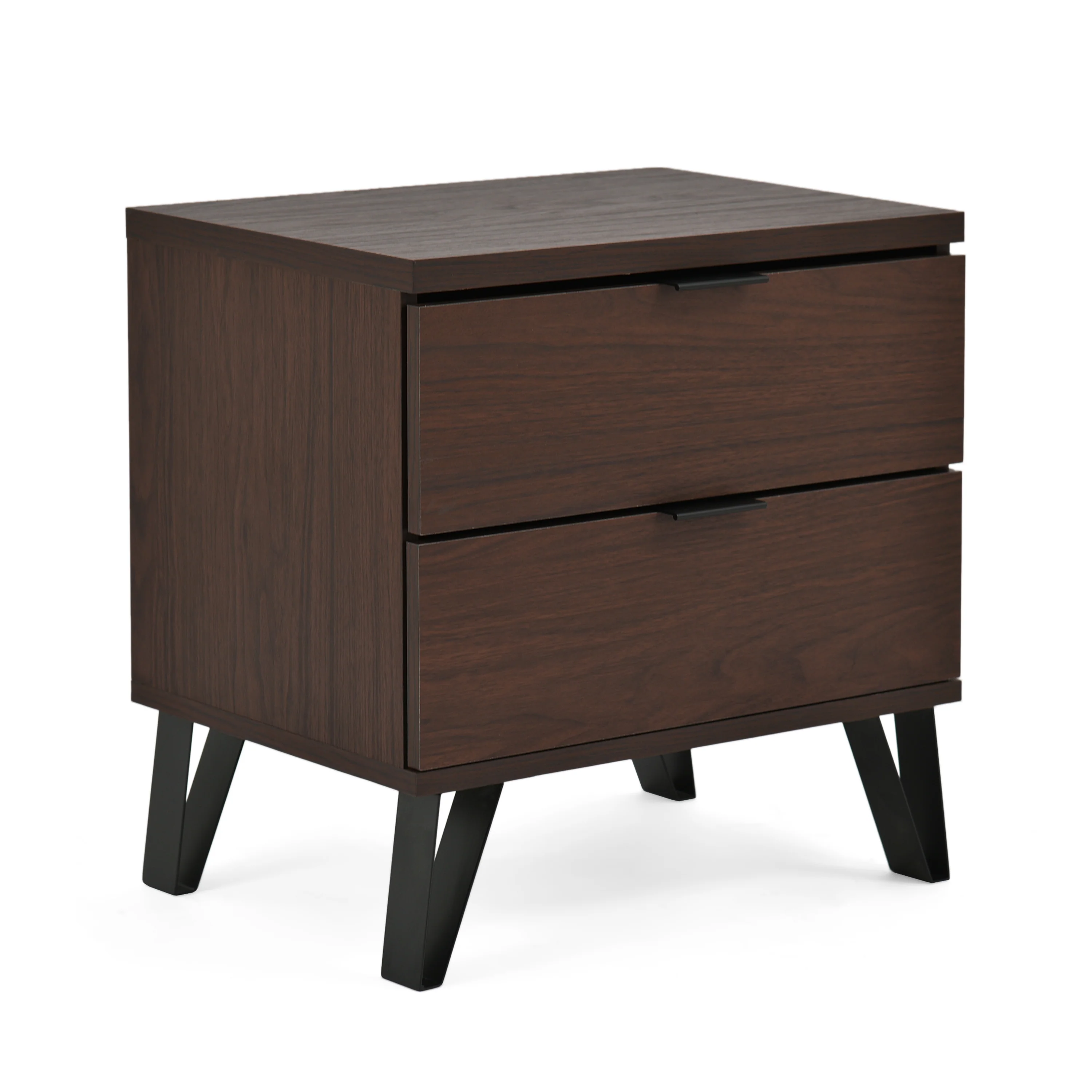 Demijen Modern Industrial 2 Drawer Wide Nightstand, Walnut and Matte Black - furnishings