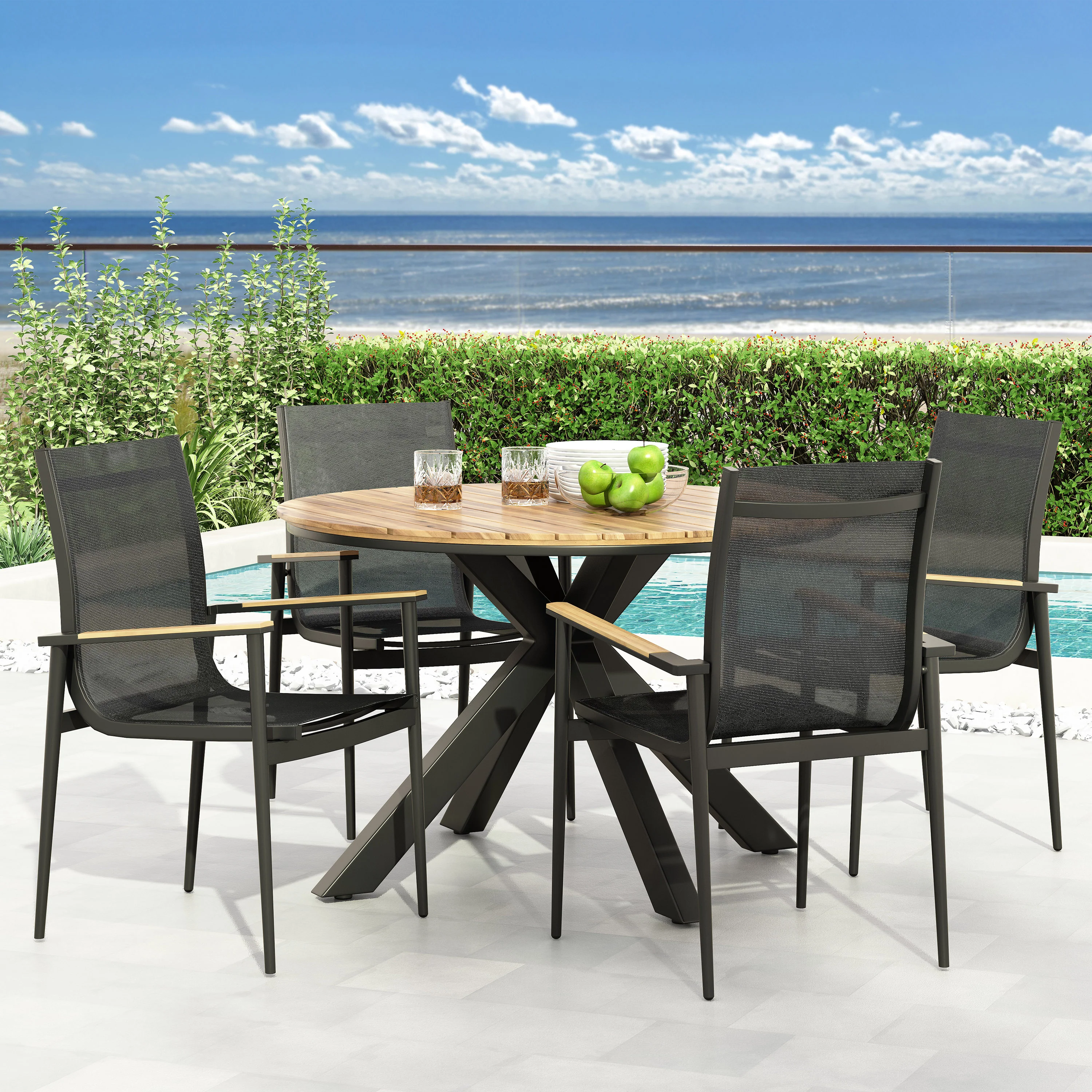 Norcrest Outdoor Mesh and Acacia Wood 5 Piece Dining Set, Black and Teak - furnishings