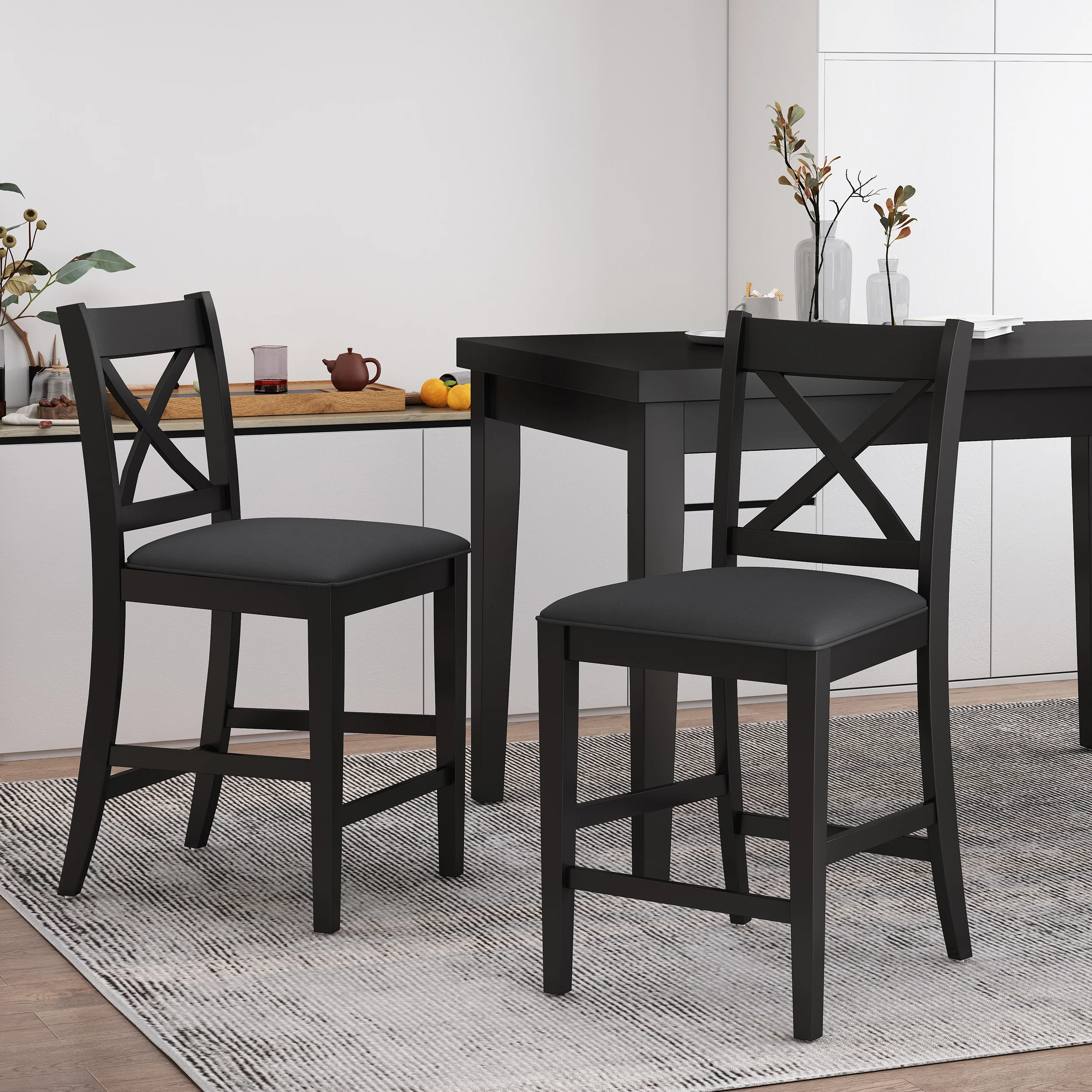 Bouman Farmhouse Upholstered Wood Counter Stools, Set of 2 - furnishings