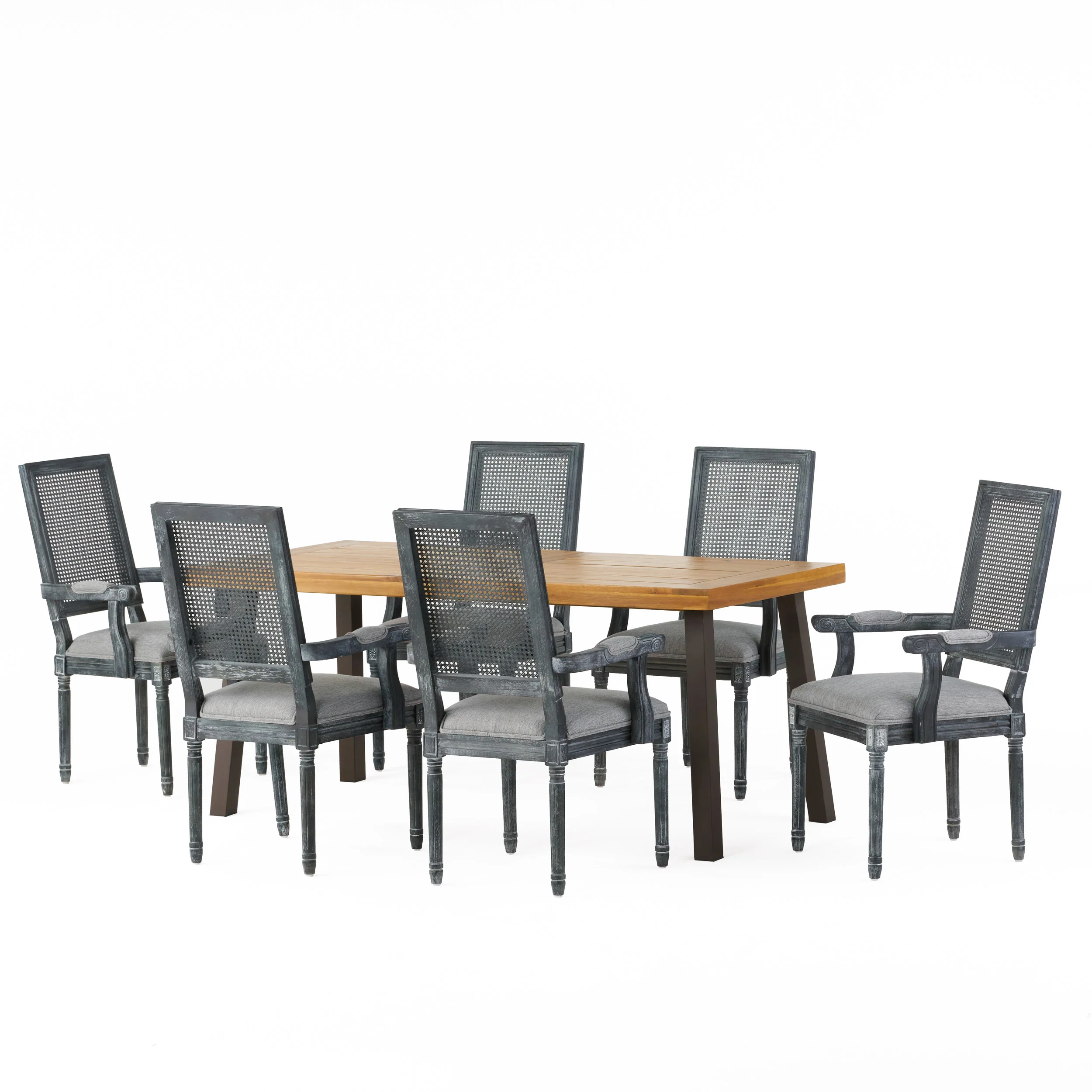 Marten Farmhouse Fabric Upholstered Wood and Cane 7 Piece Dining Set - furnishings