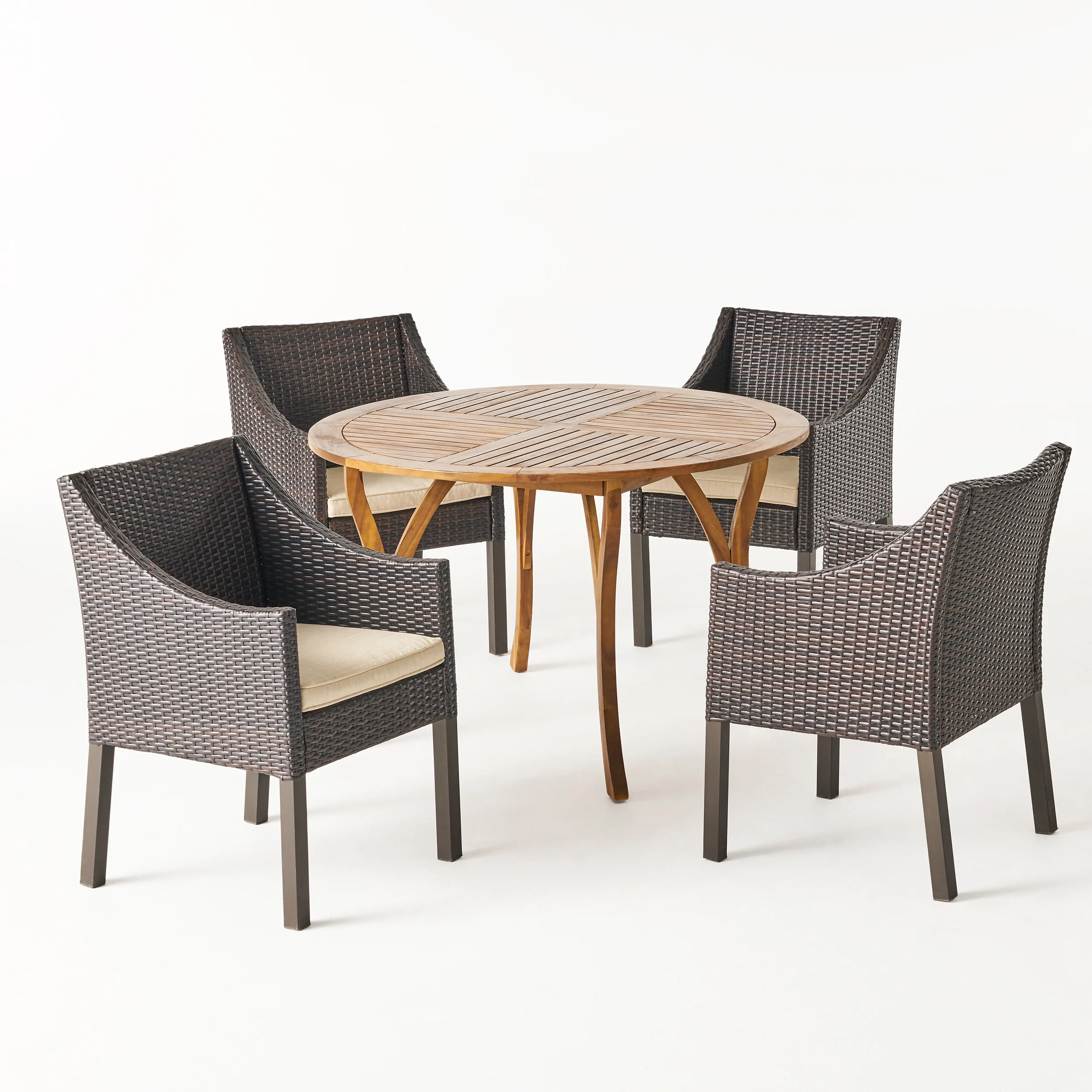 Tycie Outdoor 5 Piece Acacia Wood and Wicker Dining Set, Teak with Multi Brown Chairs - furnishings
