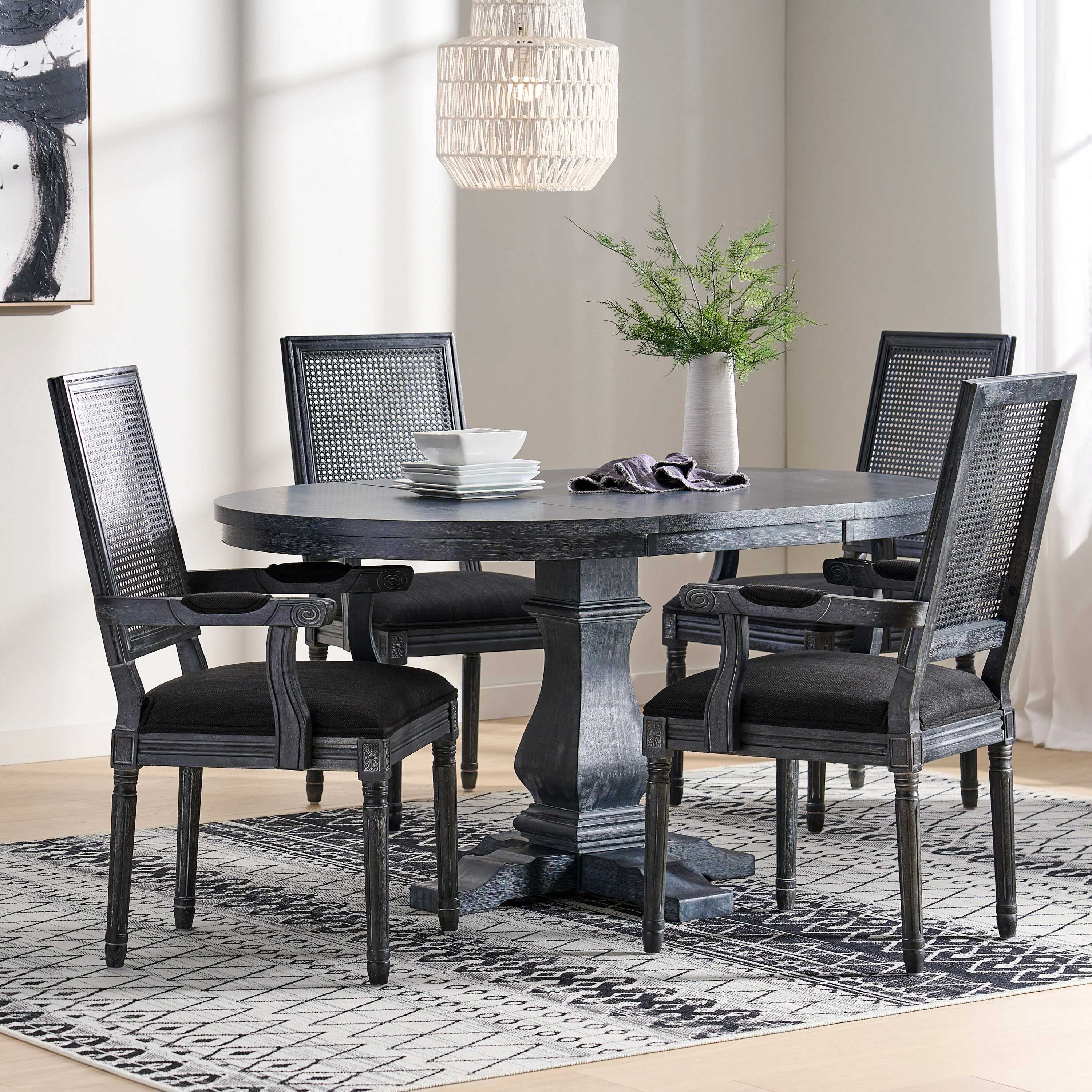 Zentner French Country Fabric Upholstered Wood and Cane 5 Piece Expandable Dining Set - furnishings