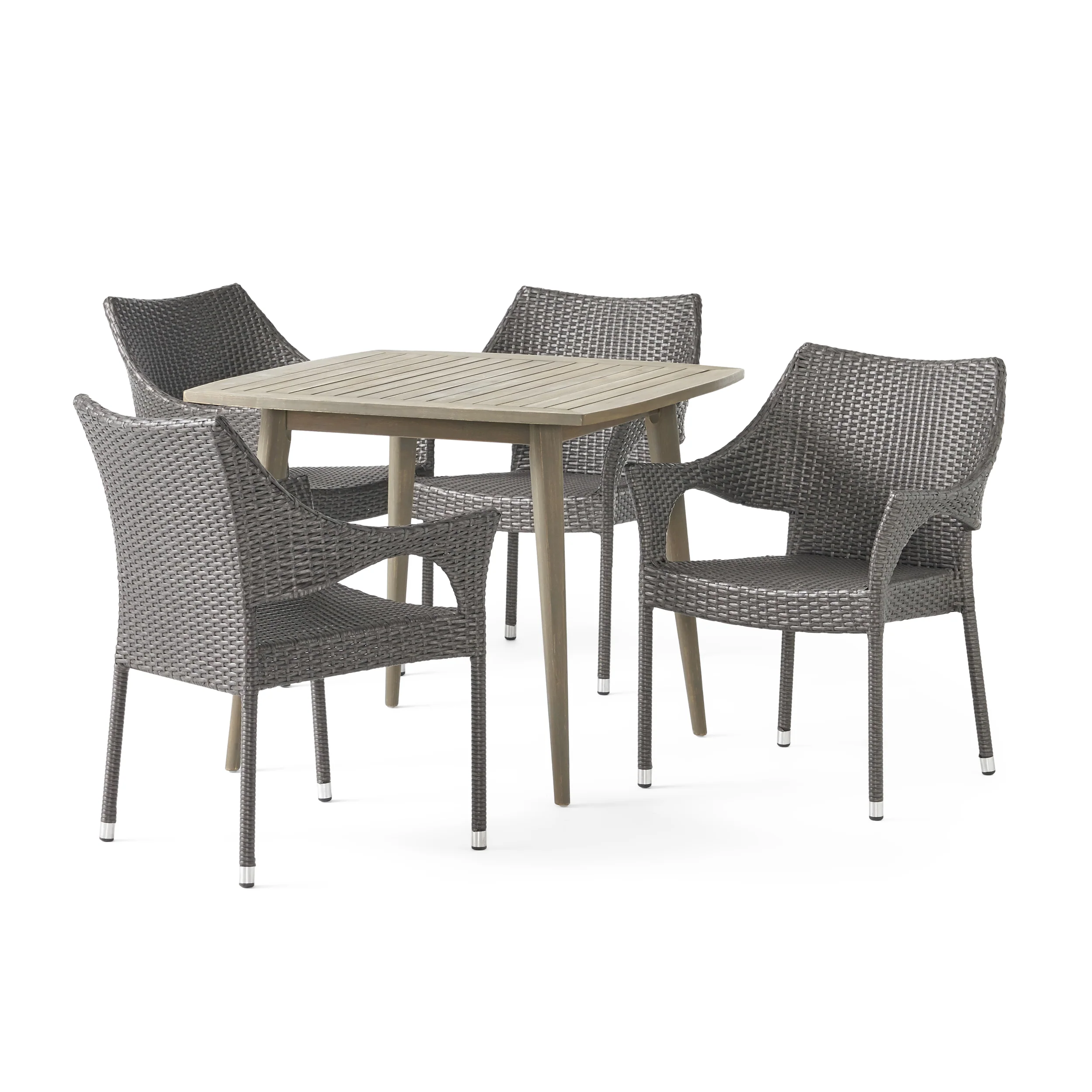 Kirk Outdoor 5 Piece Wood and Wicker Dining Set, Gray and Gray - furnishings