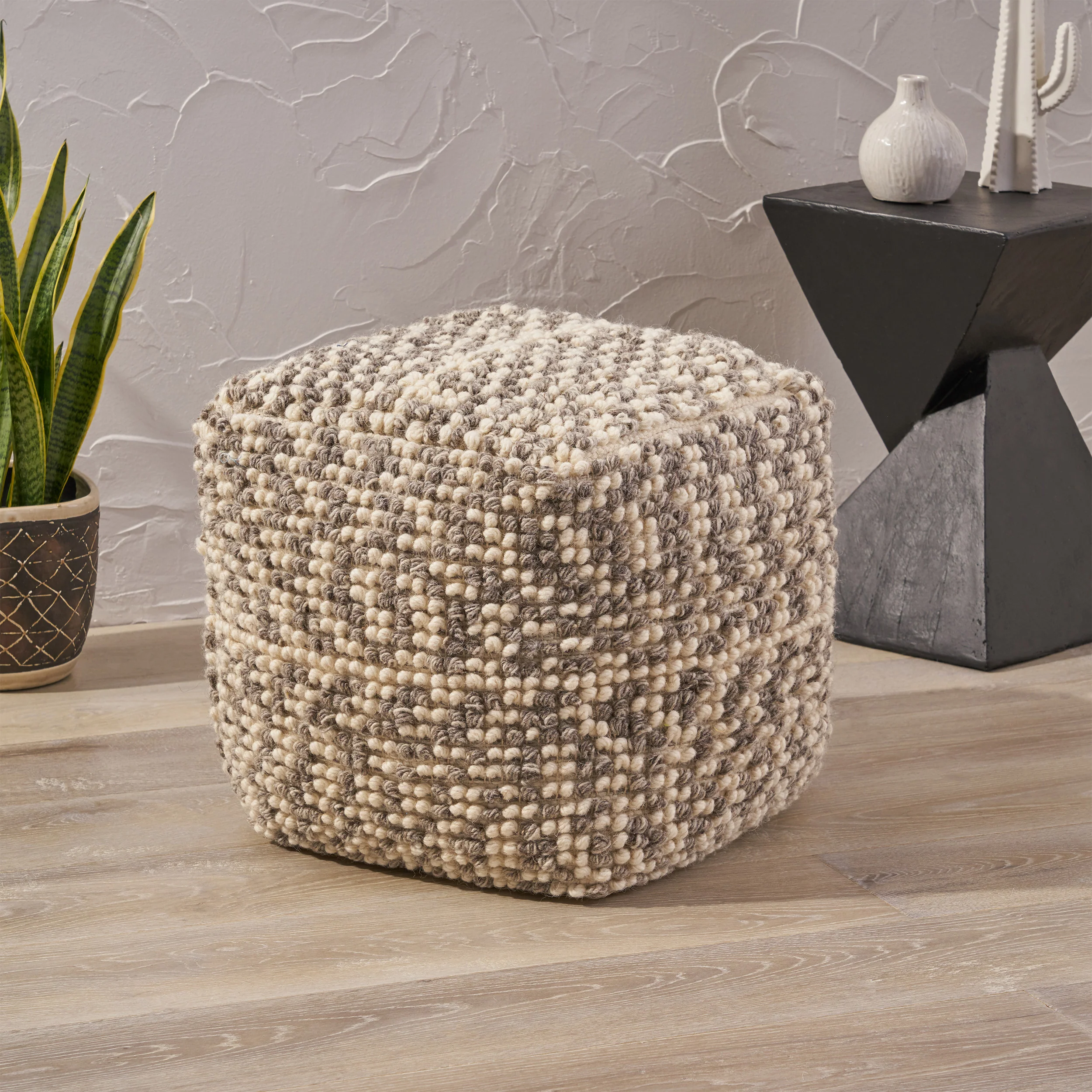 Zoriah Boho Wool and Cotton Ottoman Pouf - furnishings