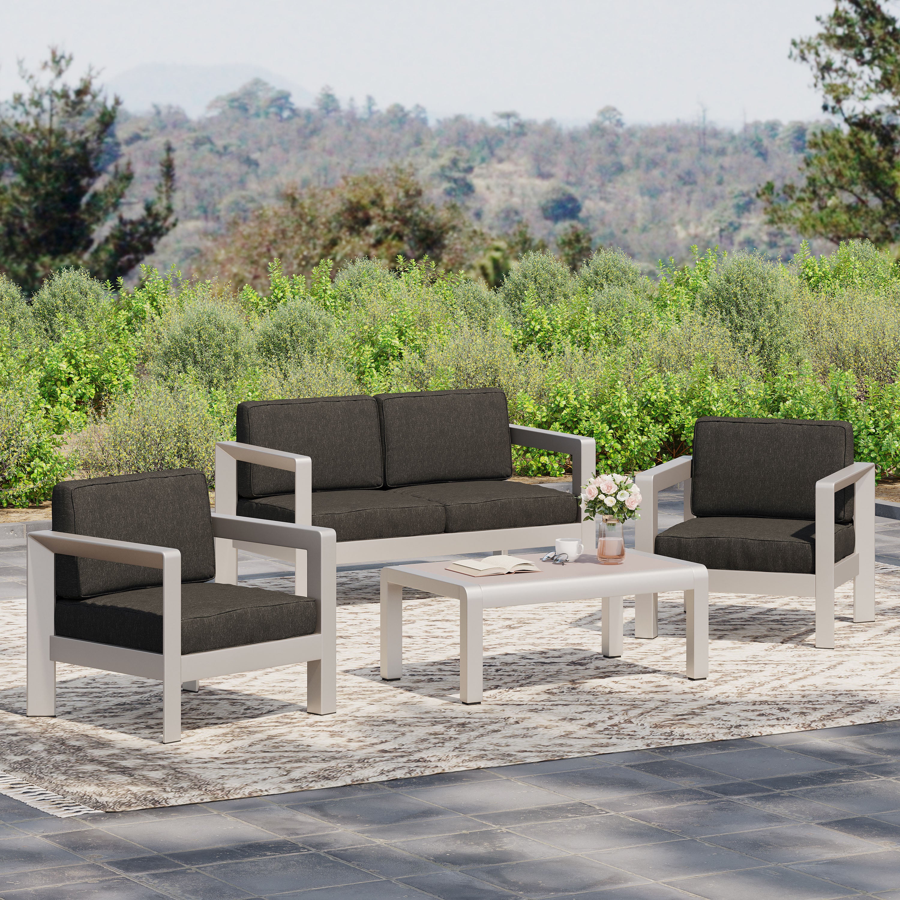 Kenia Outdoor 4-Seater Aluminum Chat Set with Tempered Glass-Topped Coffee Table, Silver and Gray - furnishings