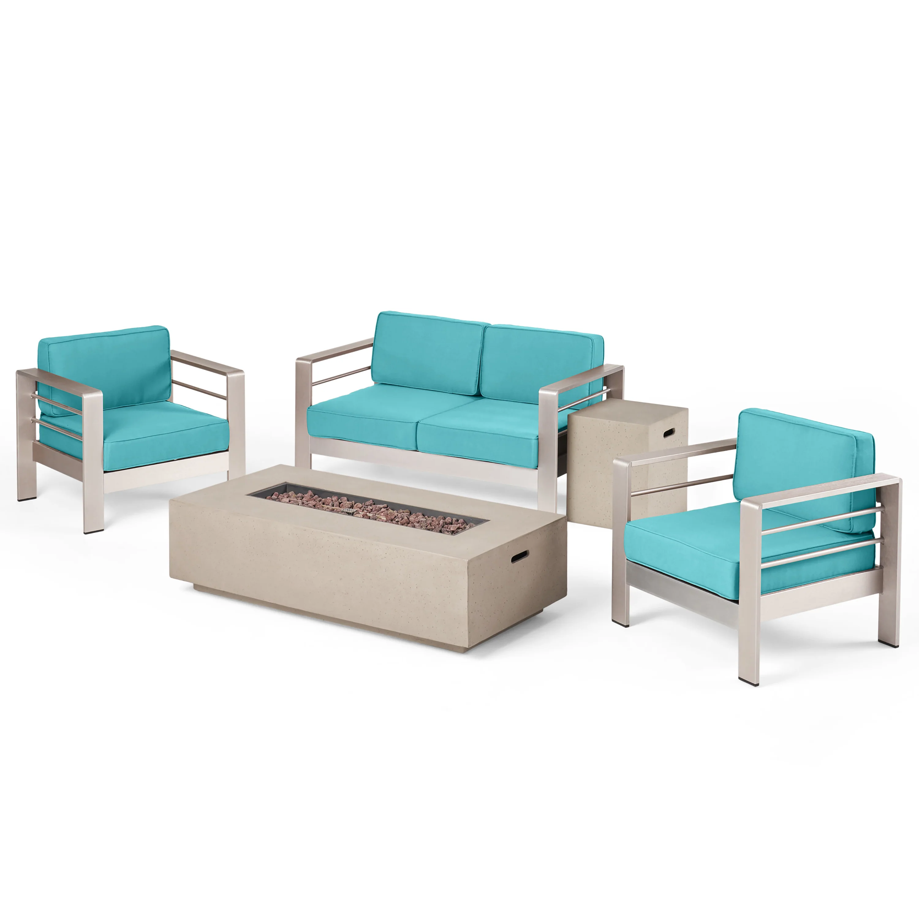 Crested Bay 5pc Modern Outdoor Aluminum Sofa & Chairs Set With Fire Pit - furnishings