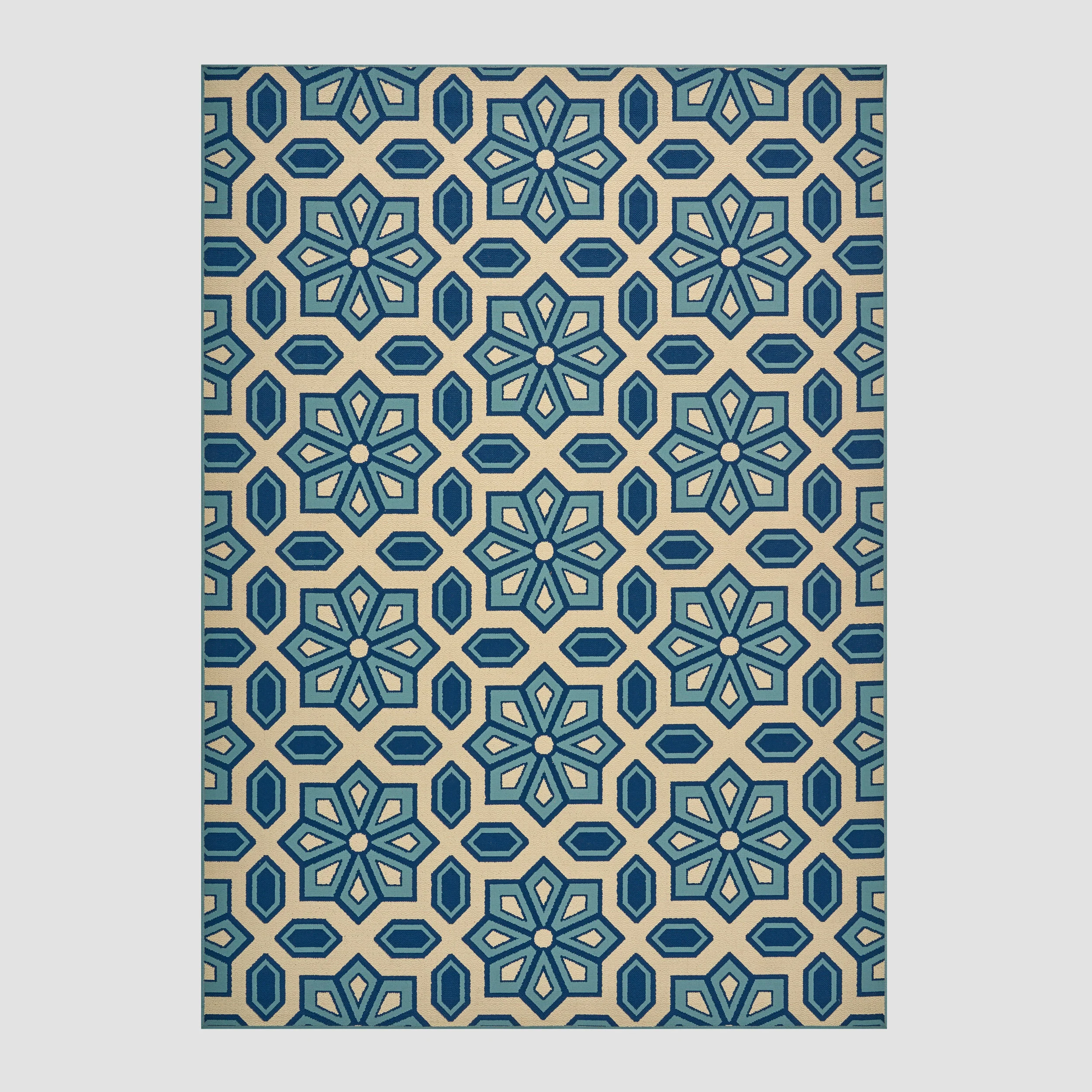 Jacobs Outdoor Geometric Floral Ivory and Blue Rectangular Area Rug - furnishings