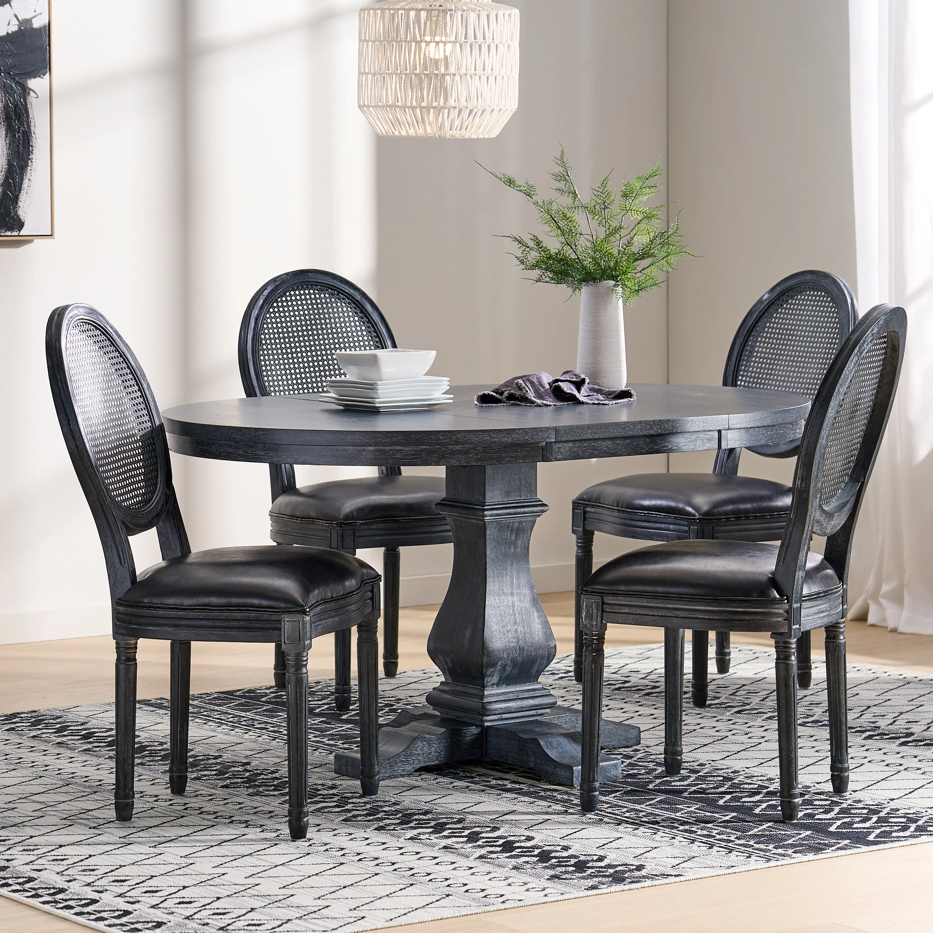 Lintz French Country Wood and Cane 5-Piece Expandable Oval Dining Set - furnishings