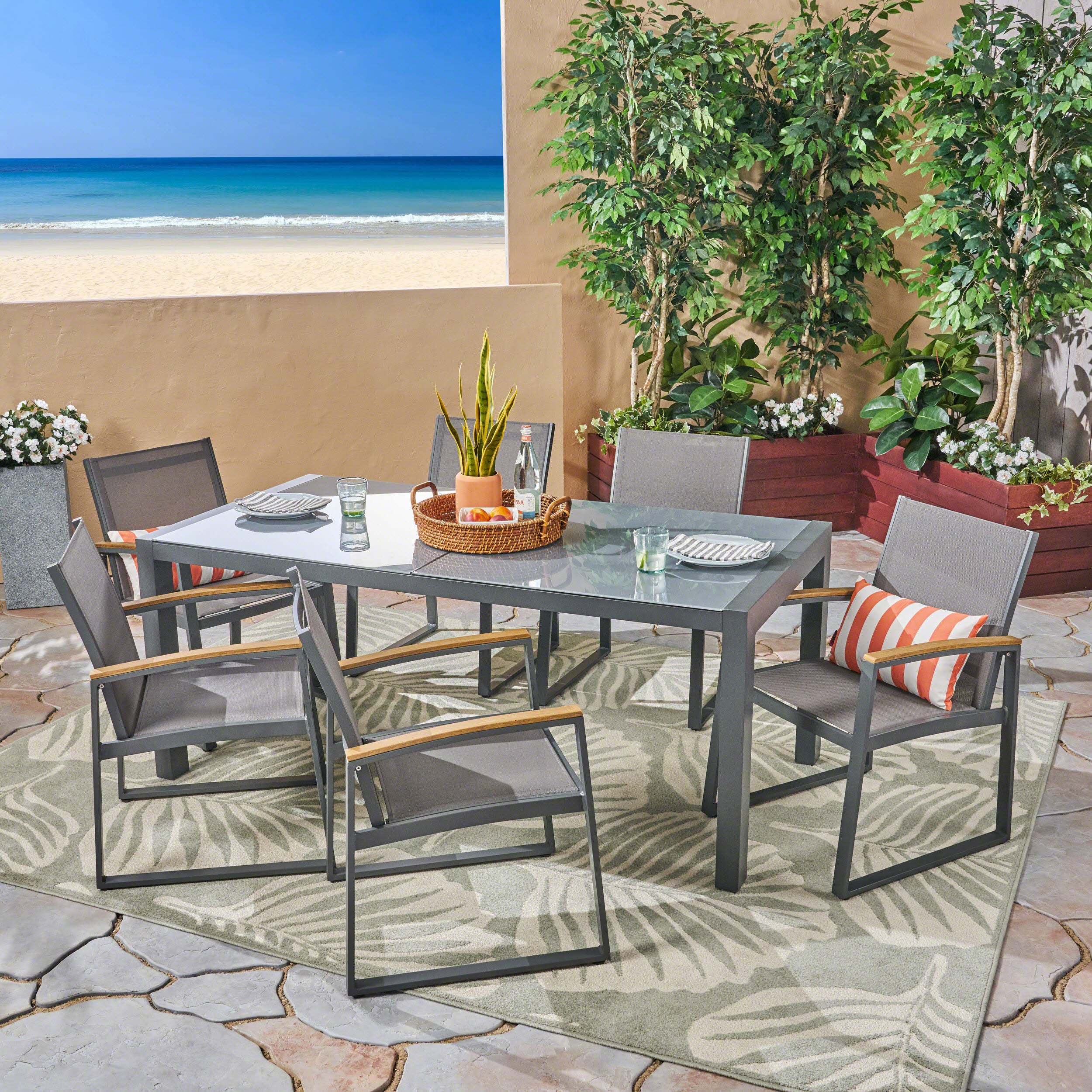 Moore Outdoor 7-Piece Aluminum Dining Set with Glass Table Top - furnishings