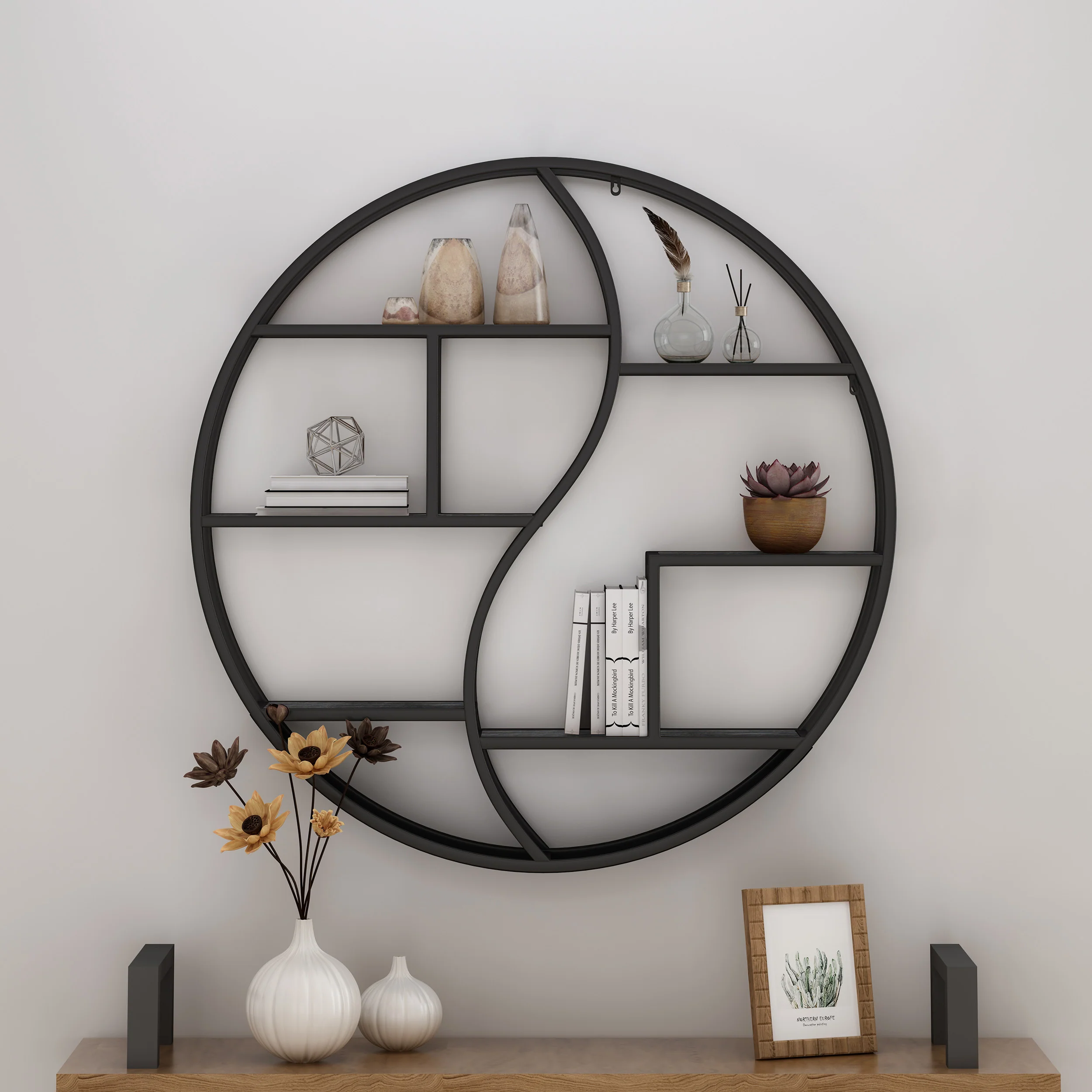 Bobby Industrial Wall Mount Round Yin Yang Floating Shelf - furnishings