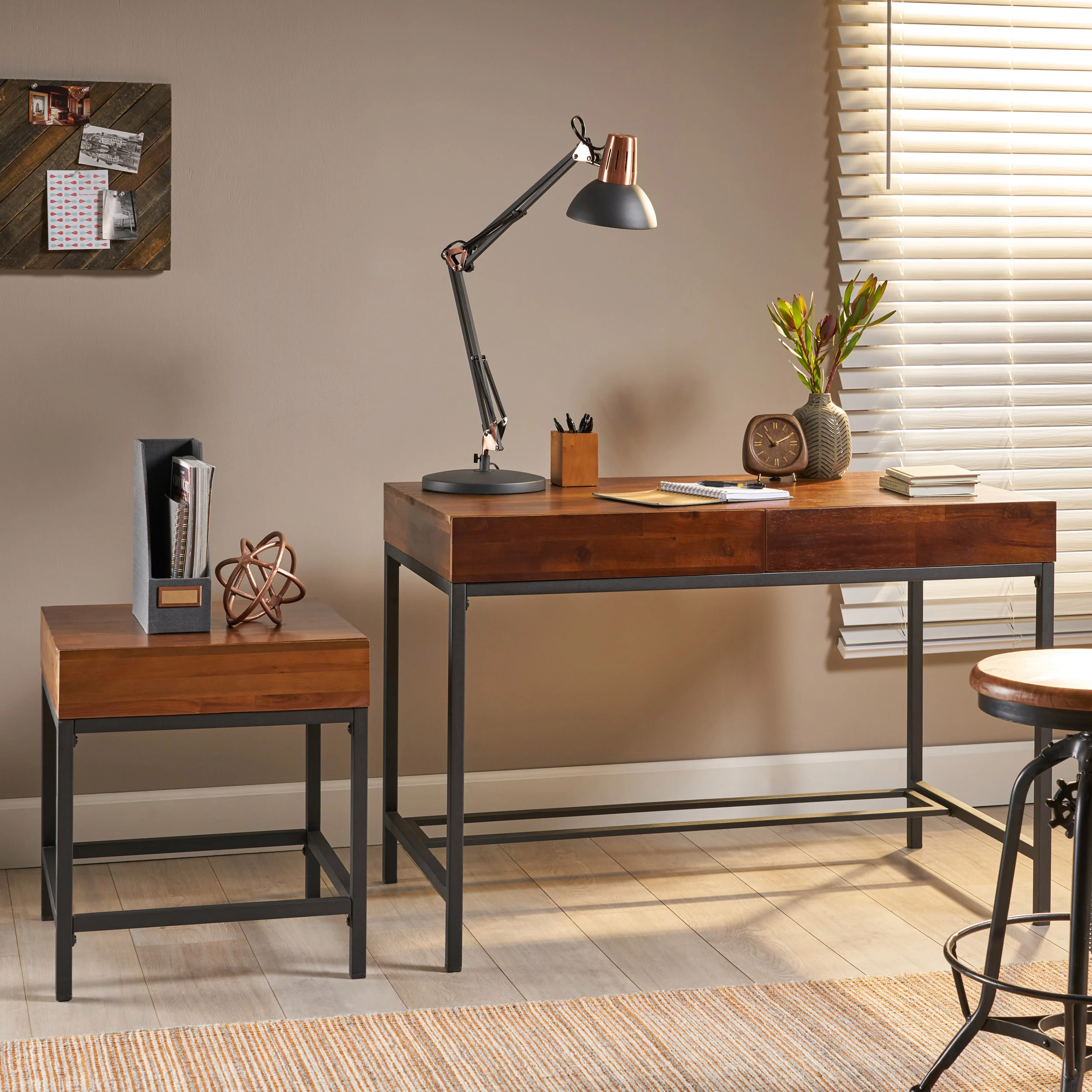 Elrod Industrial Dark Oak Acacia Wood Storage Side Table and Desk Set - furnishings