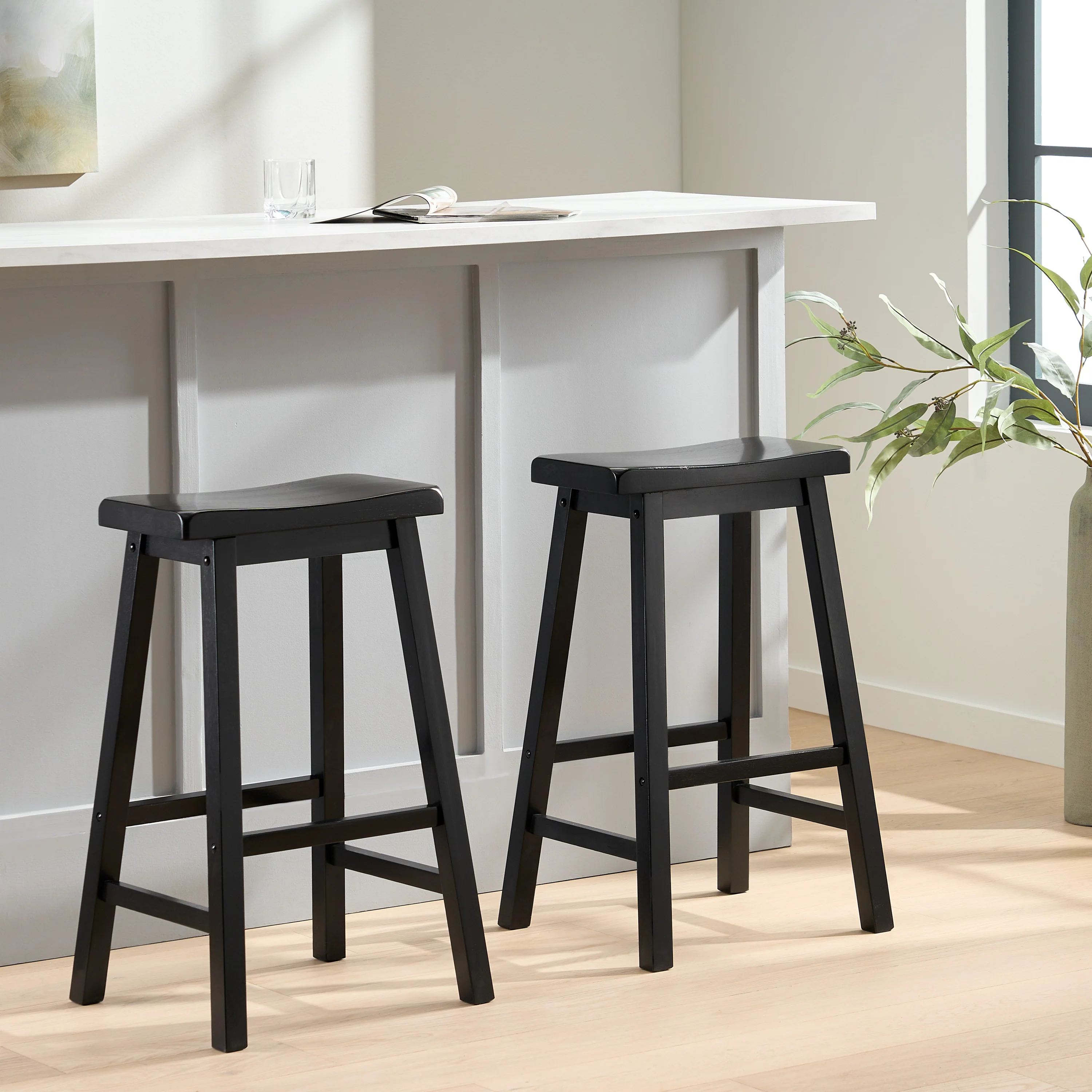 Toluca Farmhouse 29-Inch Black Wood Saddle Barstools (Set of 2) - furnishings
