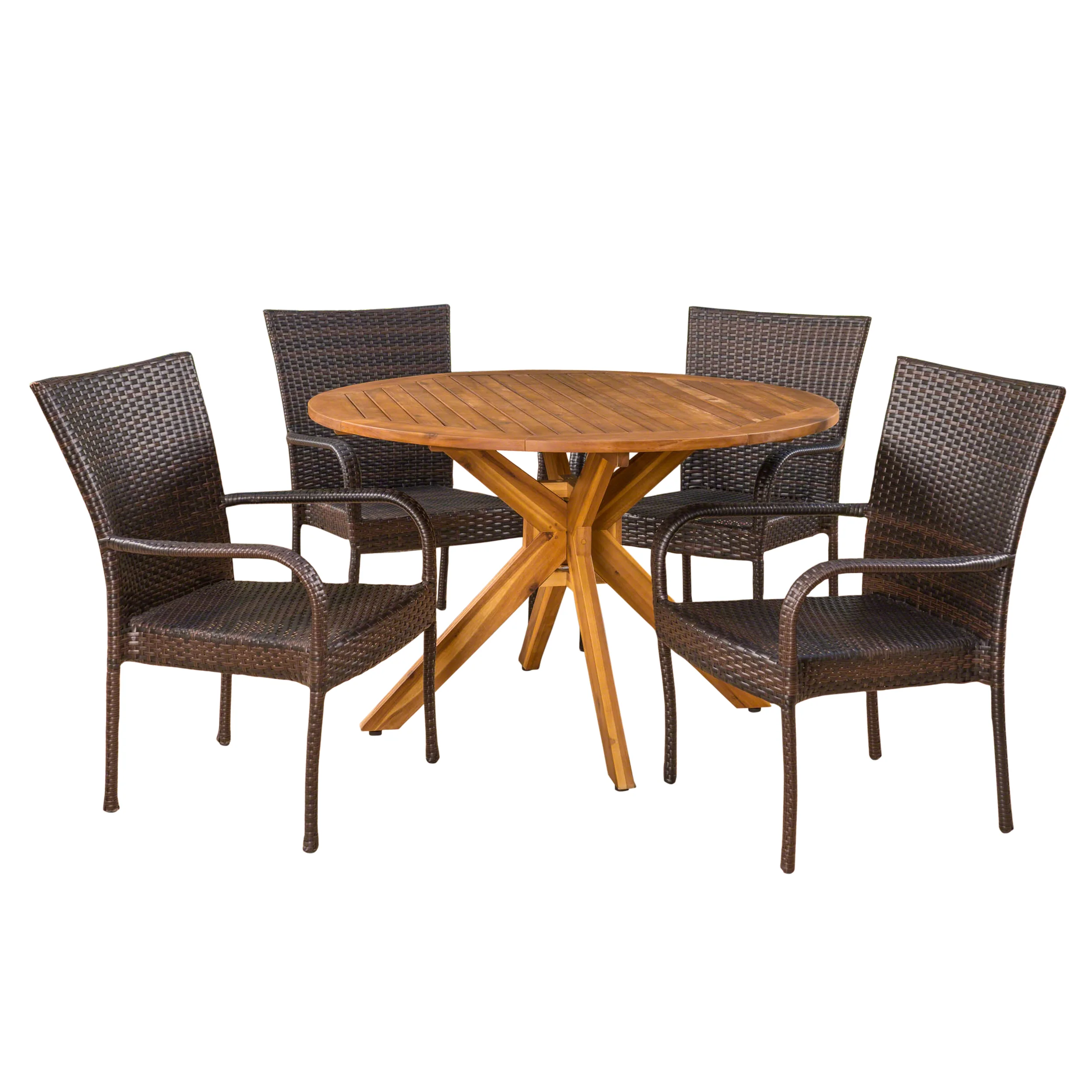 Avant Outdoor 5 Piece Multibrown Wicker Dining Set with Teak Finish Circular Acacia Wood Dining Table - furnishings