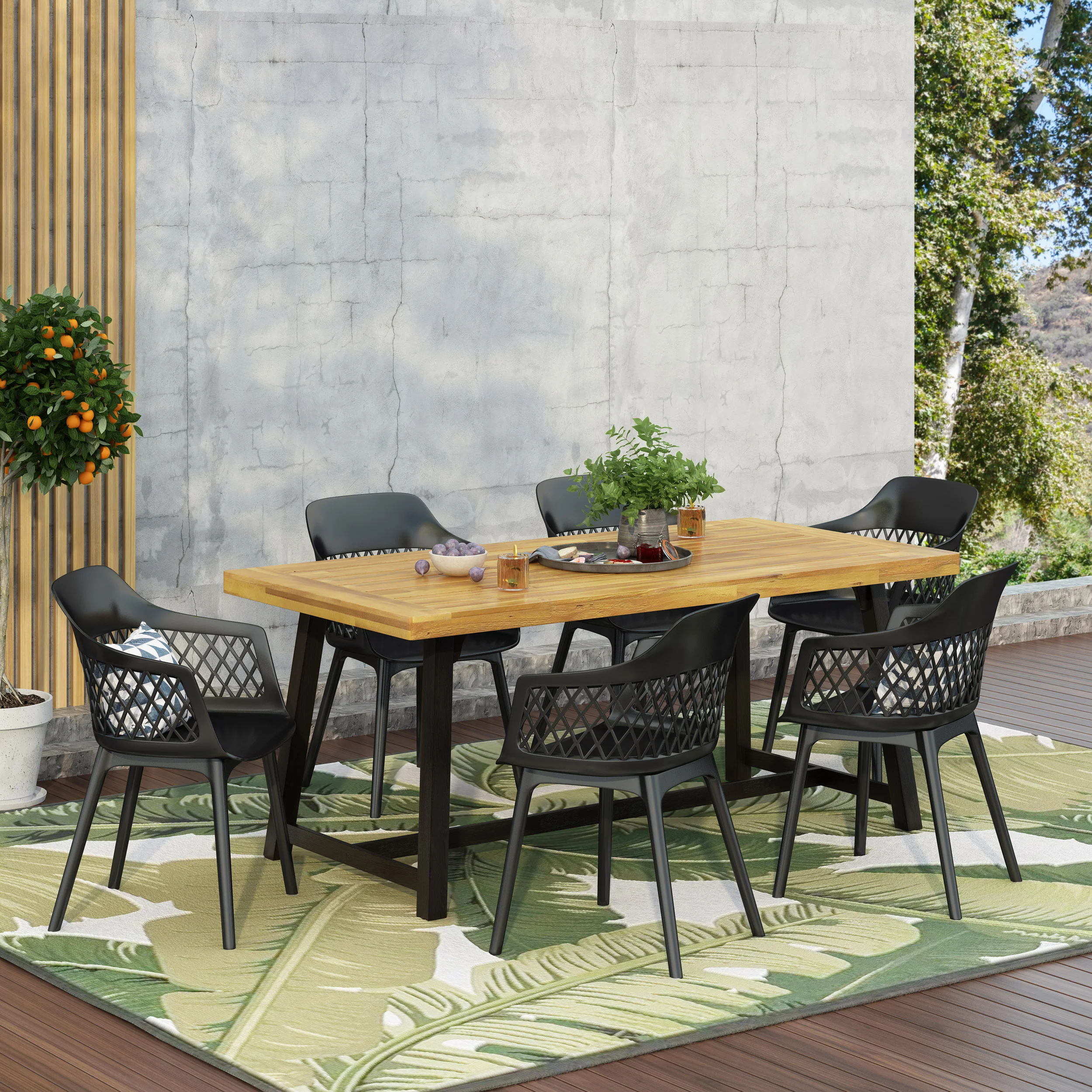 Renata Outdoor Wood and Resin 7 Piece Dining Set, Black and Sandblasted Teak - furnishings