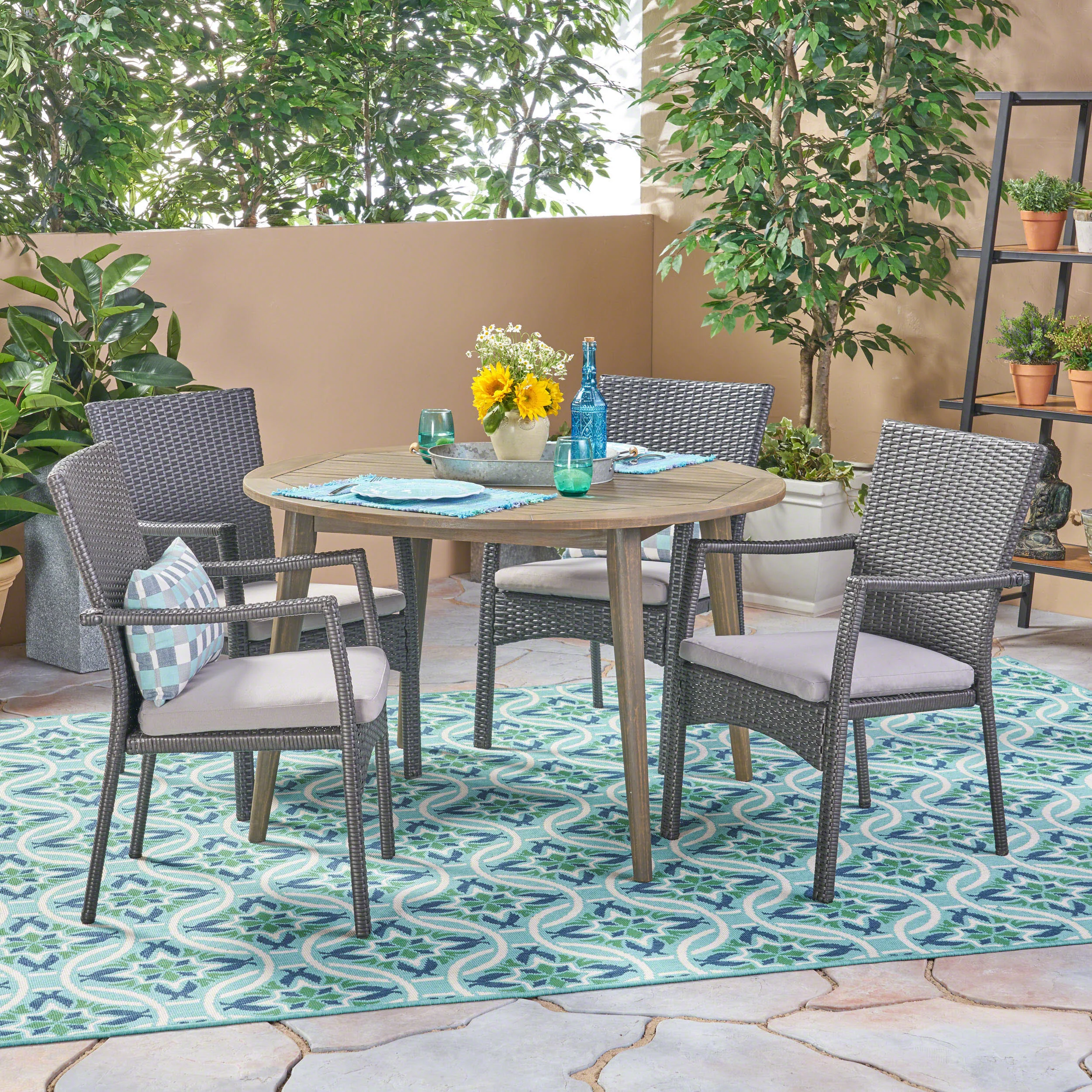 Hoff Outdoor Coastal 5 Piece Wicker Dining Set with Round Acacia Wood Table - furnishings