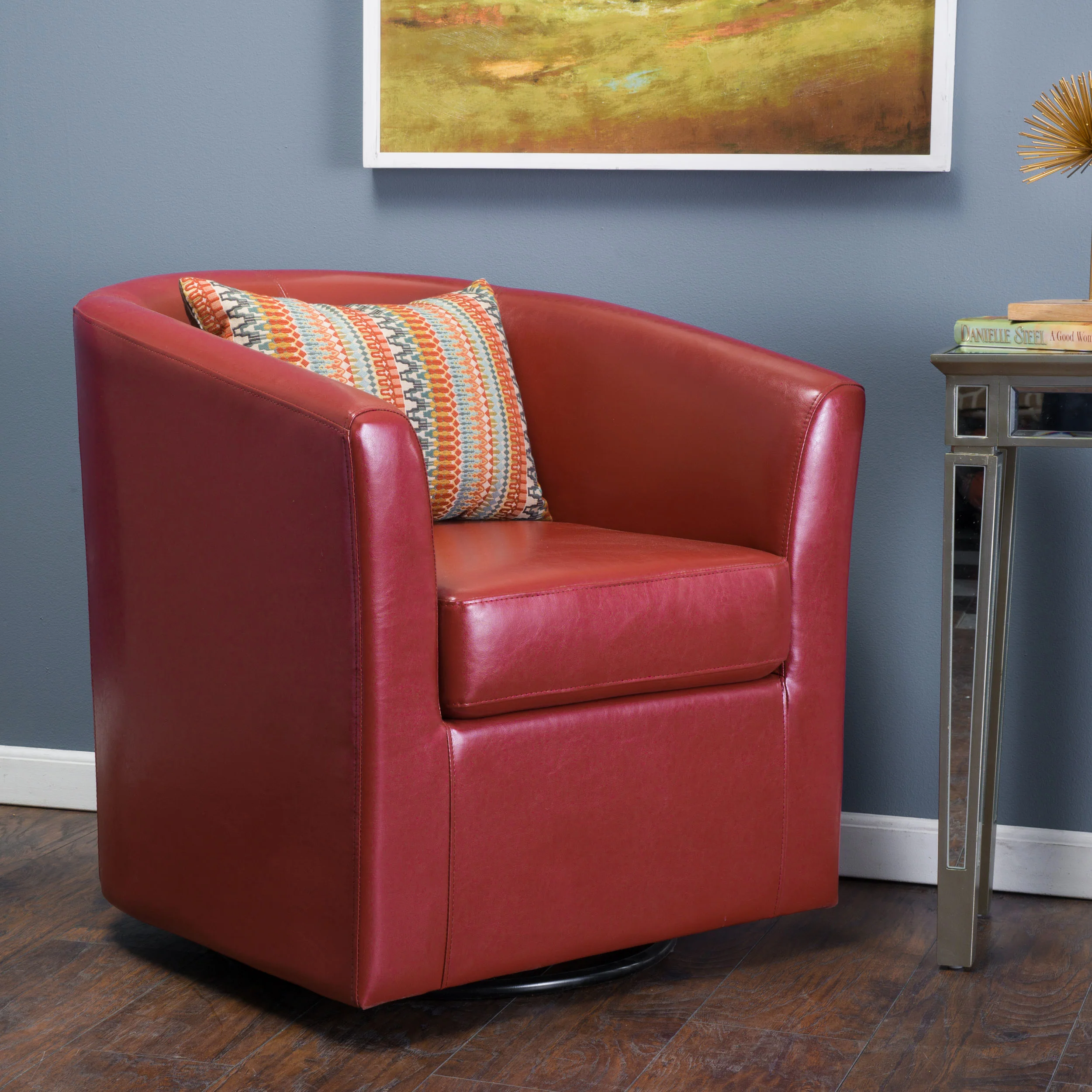 Corley Modern Upholstered Faux Leather Swivel Barrel Club Chair - furnishings